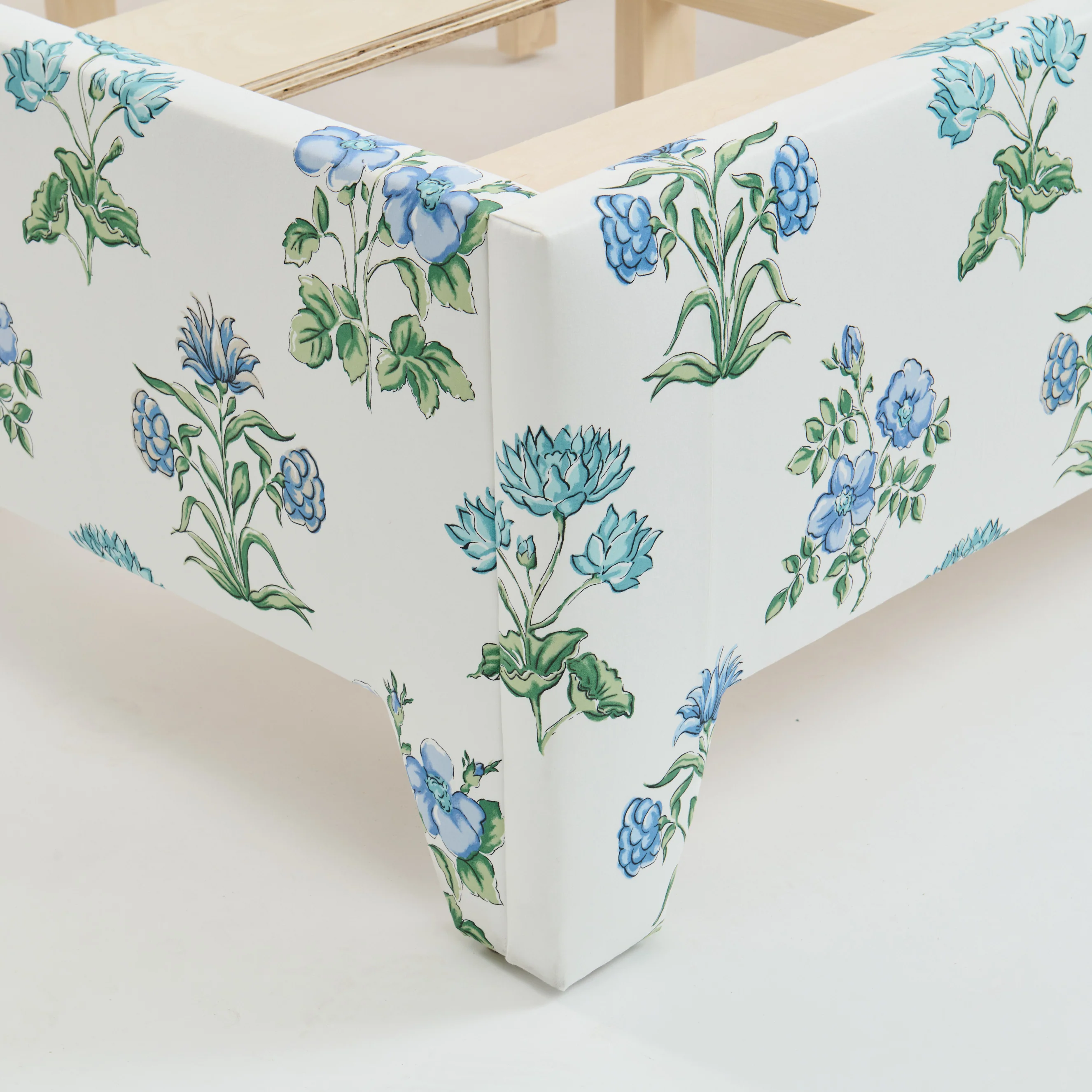 65”H Queen Upholstered Platform Bed - Fabricut Floral Fabric - Sky Blue Trim - Image 2