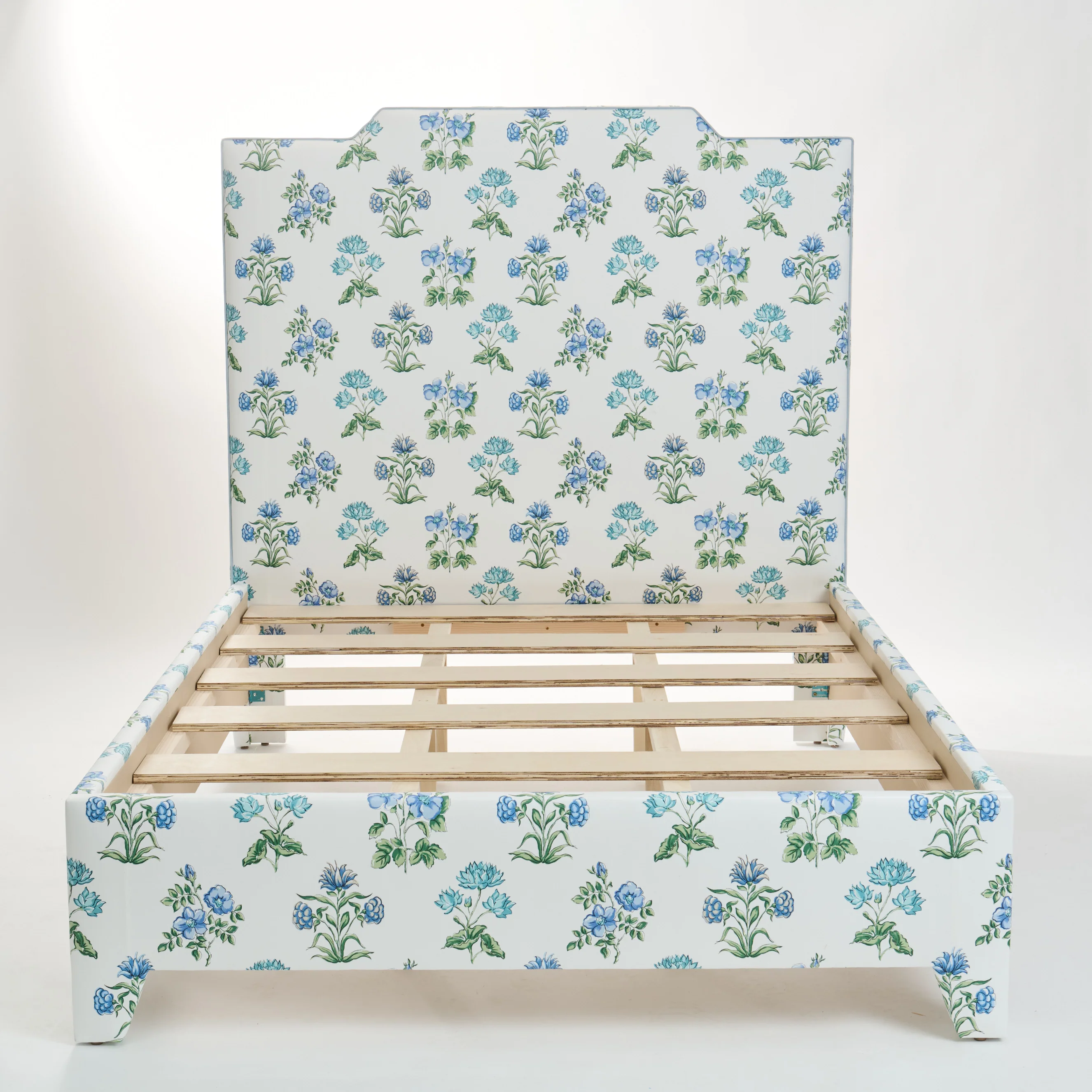 65”H Queen Upholstered Platform Bed - Fabricut Floral Fabric - Sky Blue Trim - Image 4