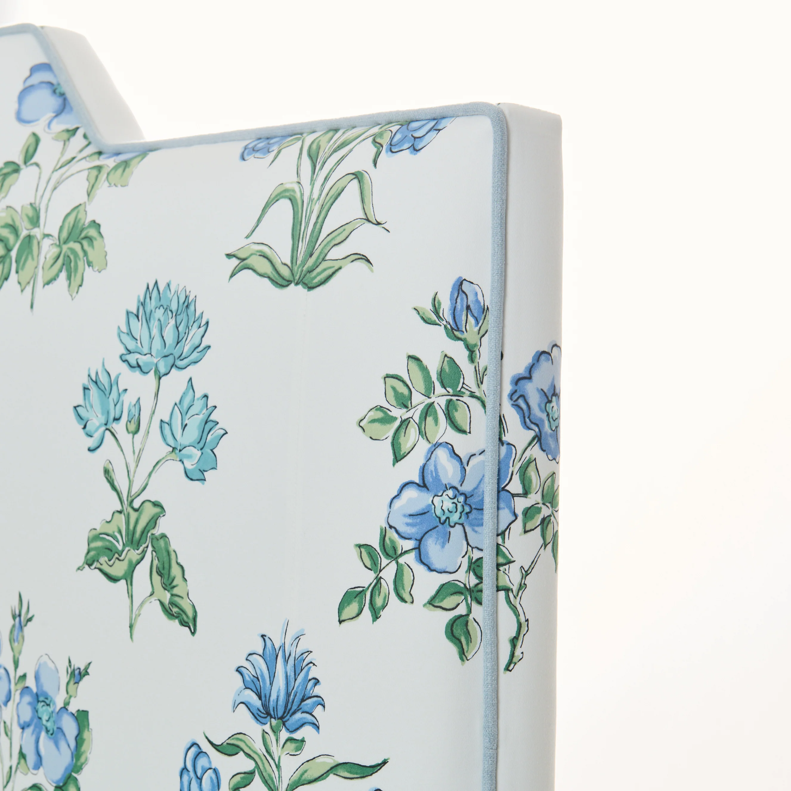 65”H Queen Upholstered Platform Bed - Fabricut Floral Fabric - Sky Blue Trim - Image 5