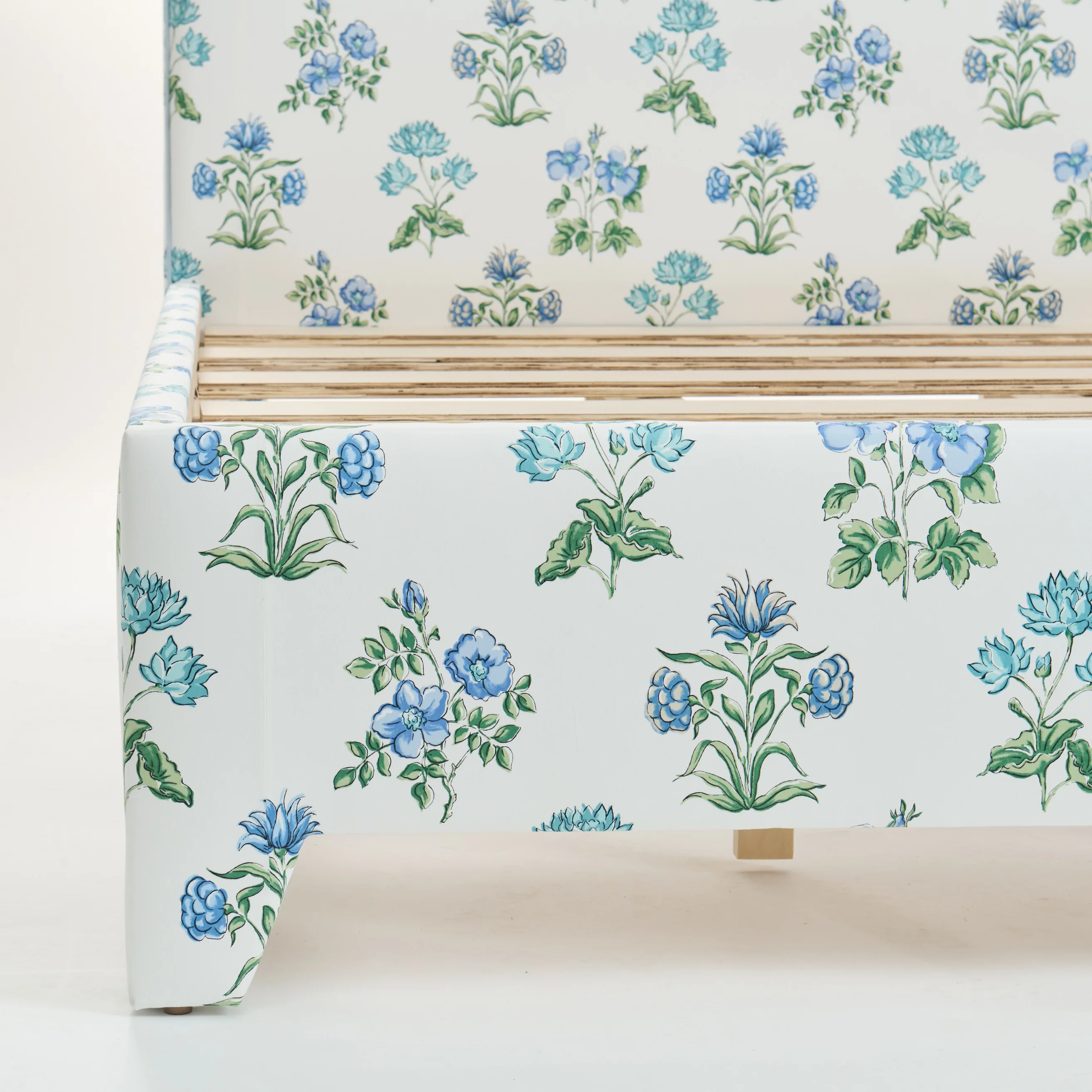 65”H Queen Upholstered Platform Bed - Fabricut Floral Fabric - Sky Blue Trim - Image 7