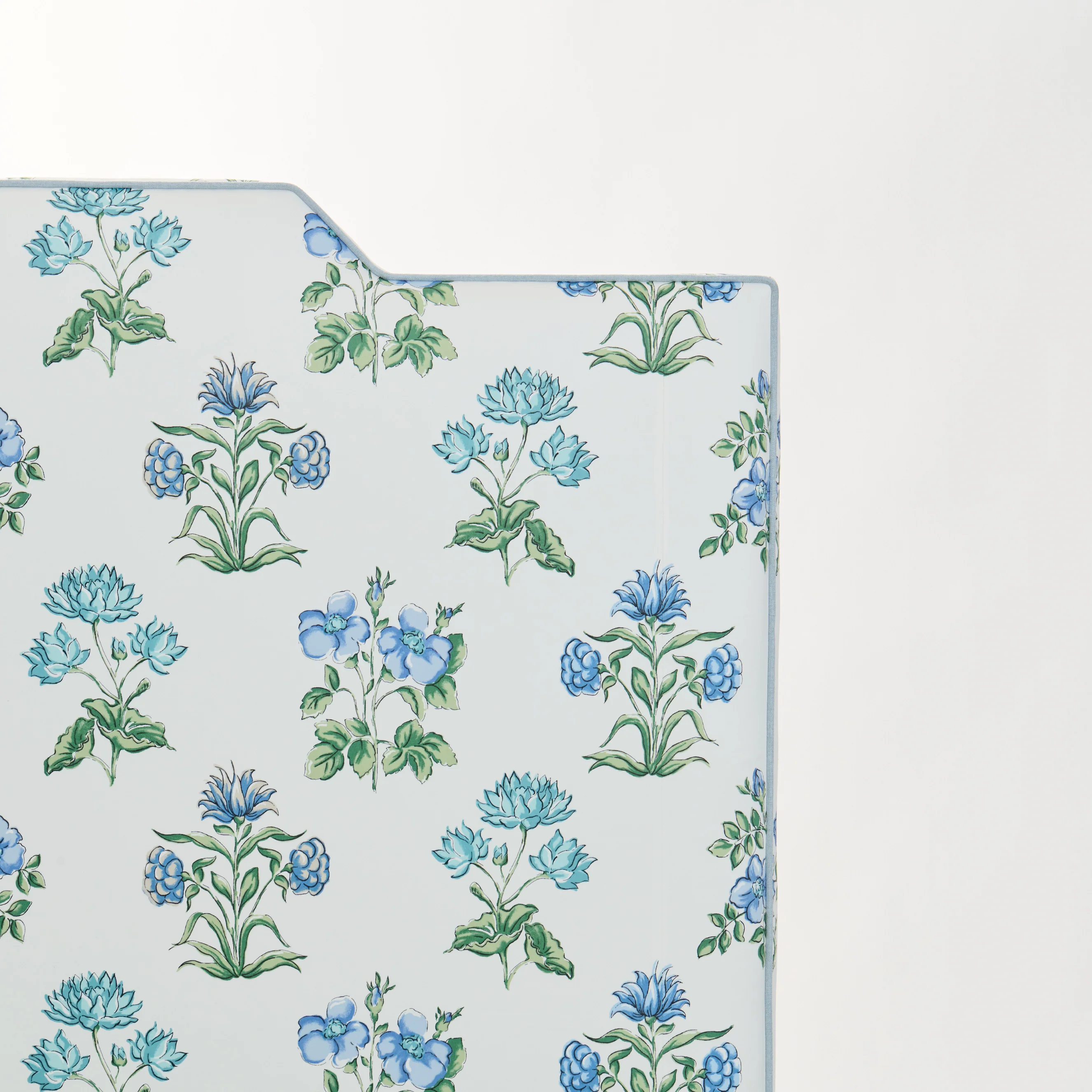 65”H Queen Upholstered Platform Bed - Fabricut Floral Fabric - Sky Blue Trim - Image 8