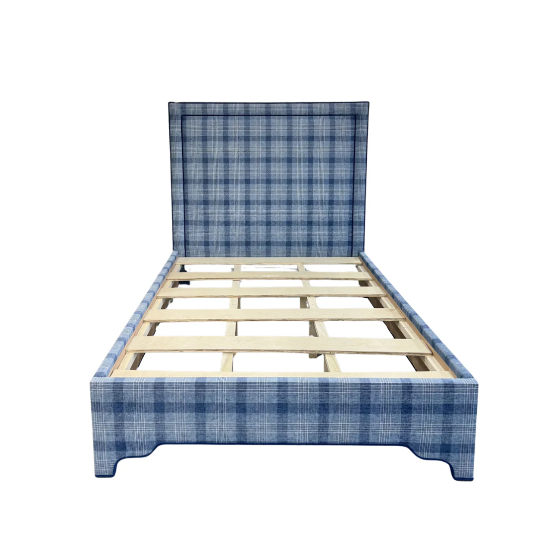 65”H Queen Upholstered Platform Bed - Navy Plaid Fabric - Navy Trim