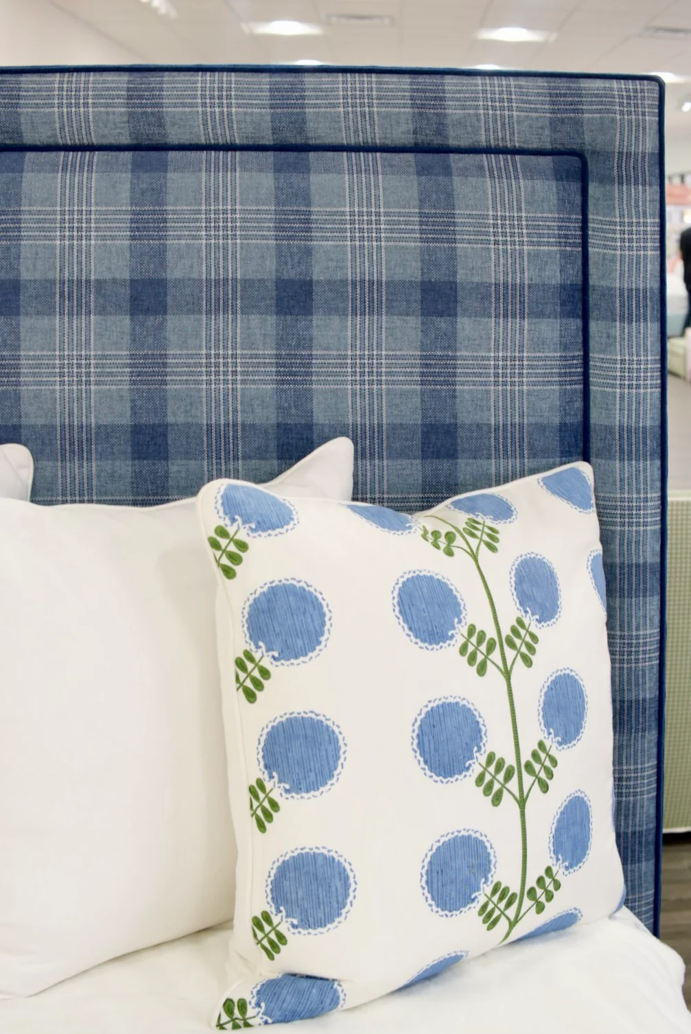 65”H Queen Upholstered Platform Bed - Navy Plaid Fabric - Navy Trim - Image 6