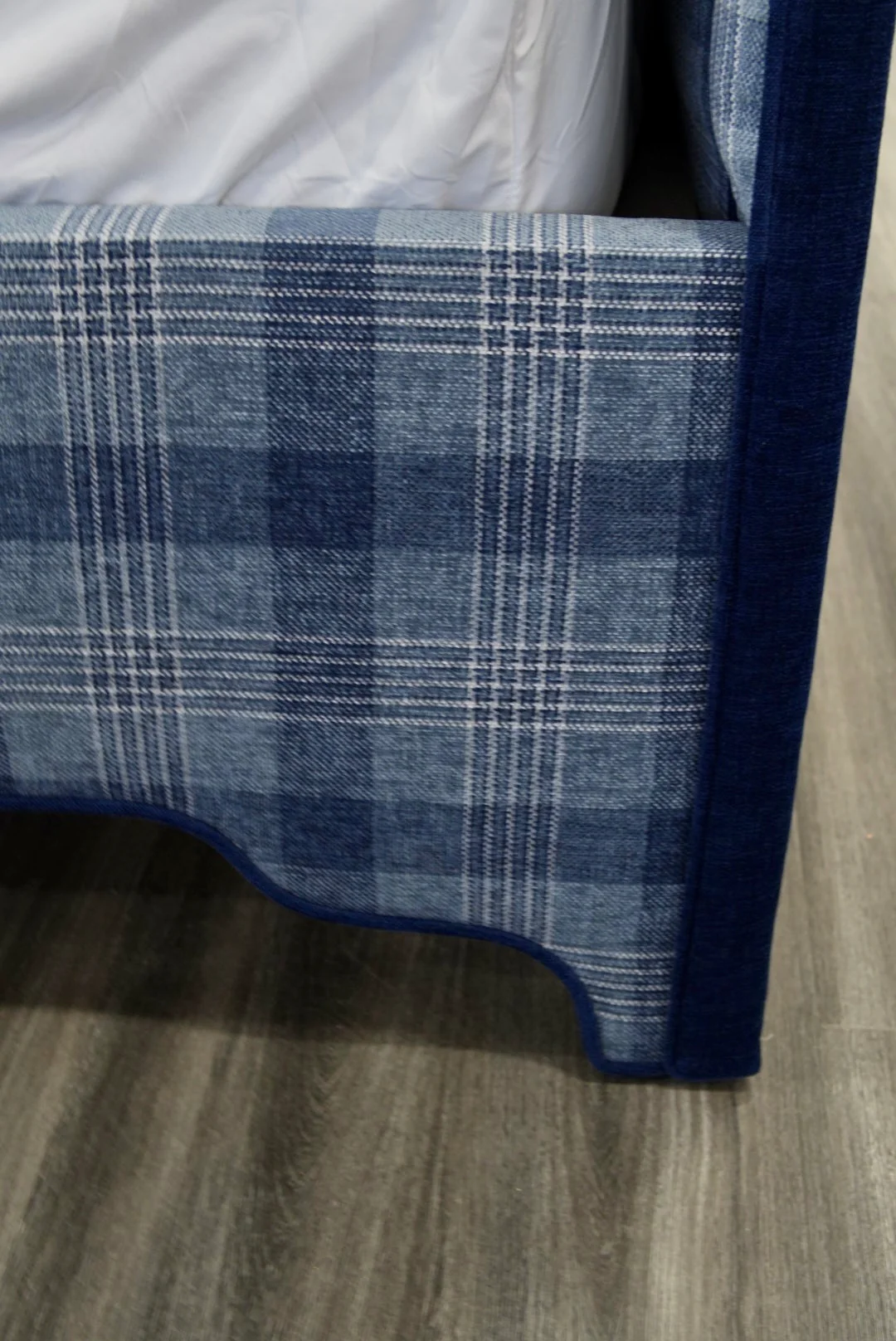 65”H Queen Upholstered Platform Bed - Navy Plaid Fabric - Navy Trim - Image 7