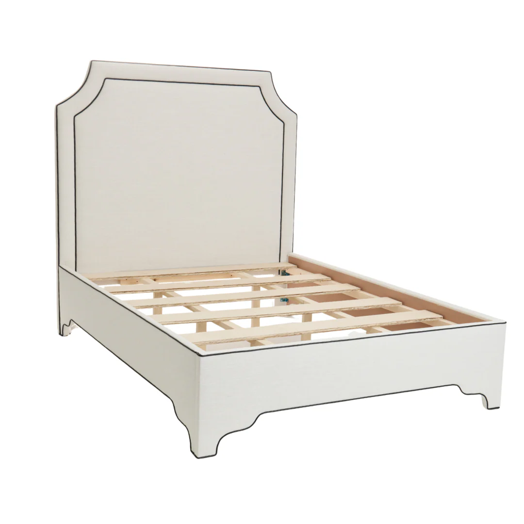 65”H Queen Upholstered Platform Bed - Off-White Linen Fabric - Black Leather Trim