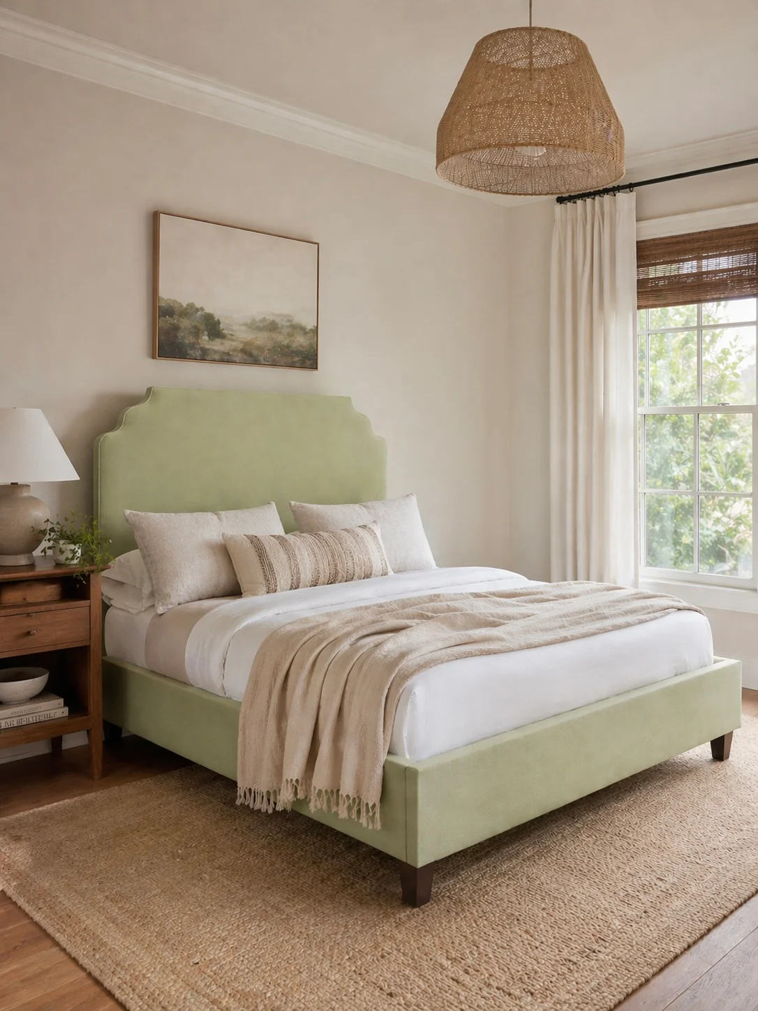 65”H Queen Upholstered Platform Bed - Pear Green Woven - White Trim - Image 2