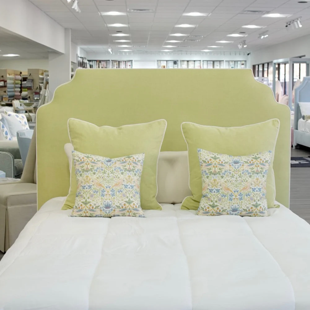 65”H Queen Upholstered Platform Bed - Pear Green Woven - White Trim - Image 3