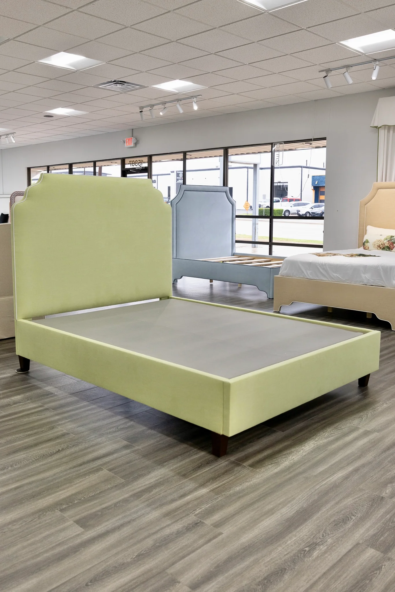 65”H Queen Upholstered Platform Bed - Pear Green Woven - White Trim - Image 4