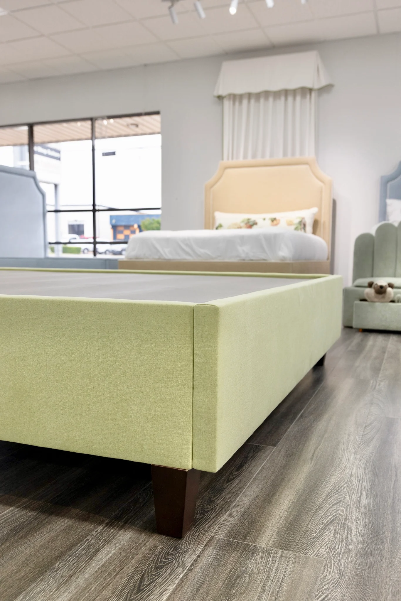 65”H Queen Upholstered Platform Bed - Pear Green Woven - White Trim - Image 7