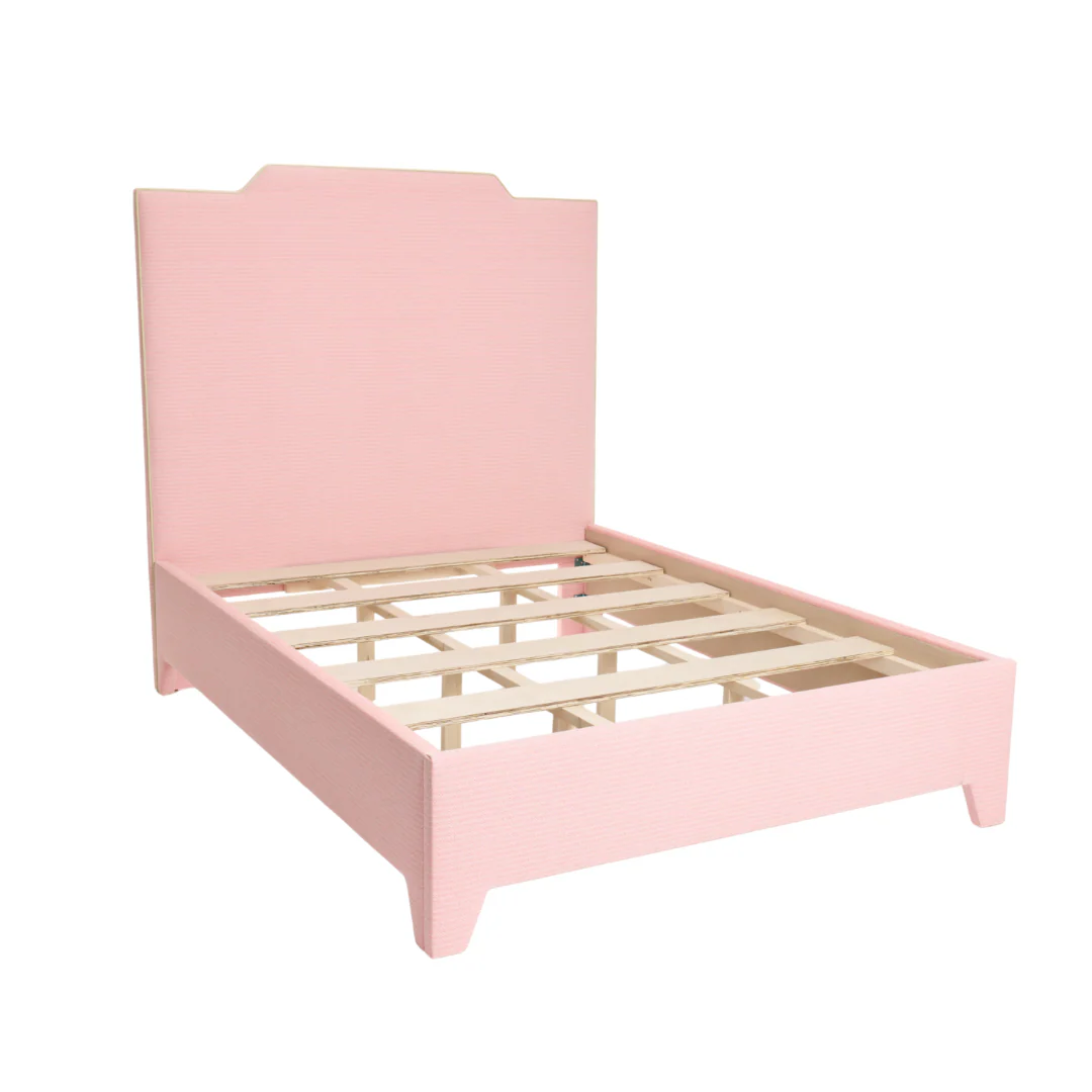 65”H Queen Upholstered Platform Bed - Performance Coral Linen Fabric - Pear Green Trim