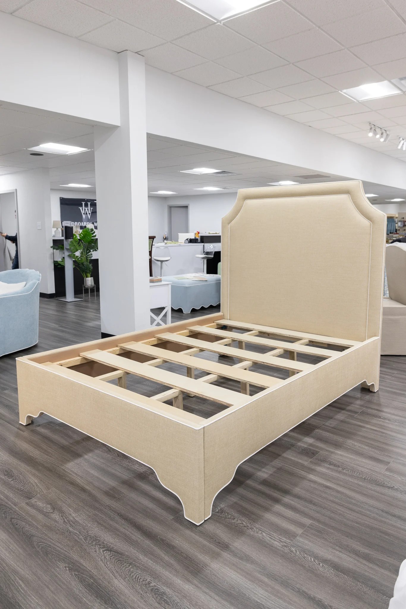 65”H Queen Upholstered Platform Bed - Sand Chenille Fabric with White Trim - Image 5