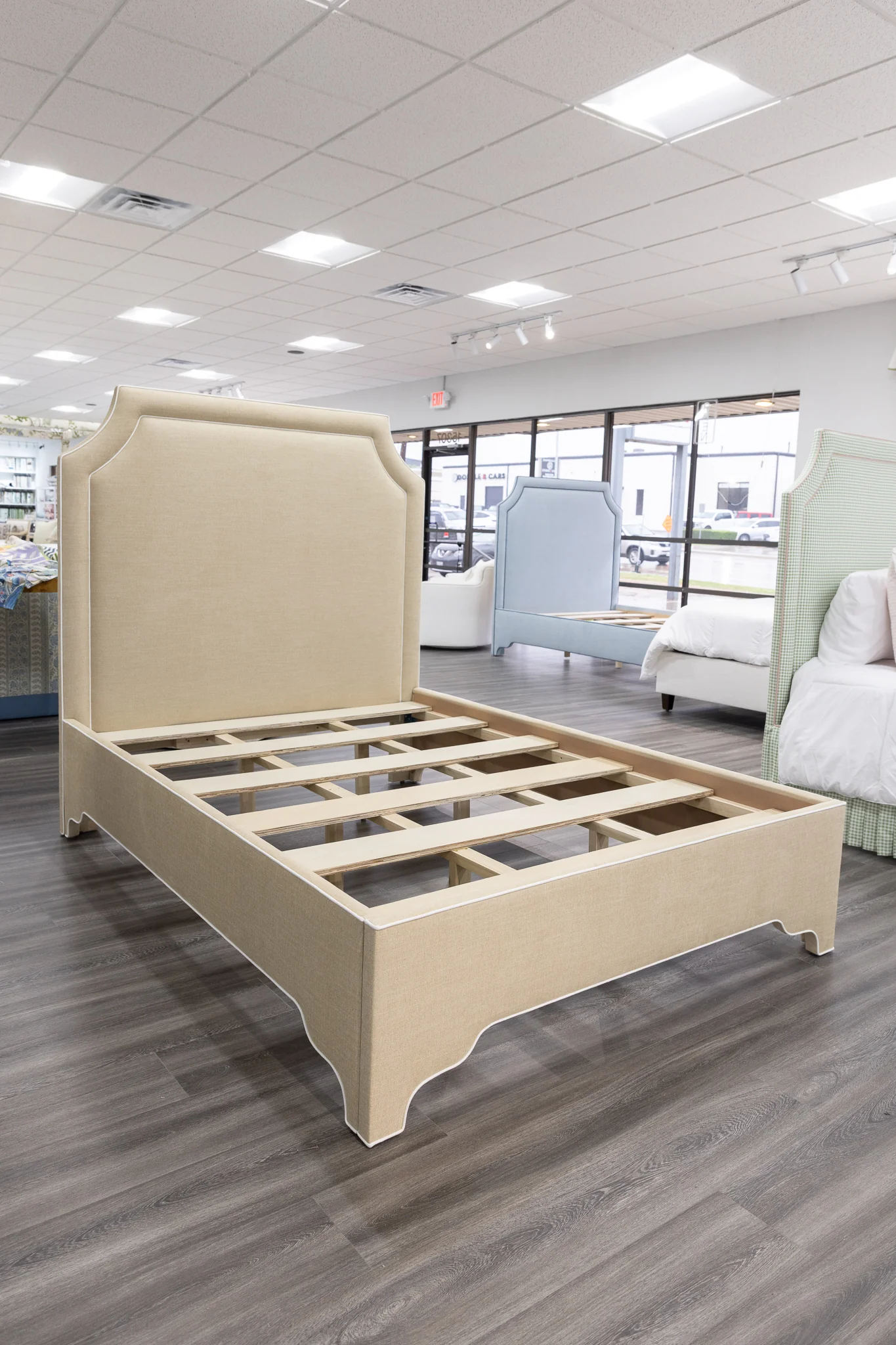 65”H Queen Upholstered Platform Bed - Sand Chenille Fabric with White Trim - Image 9