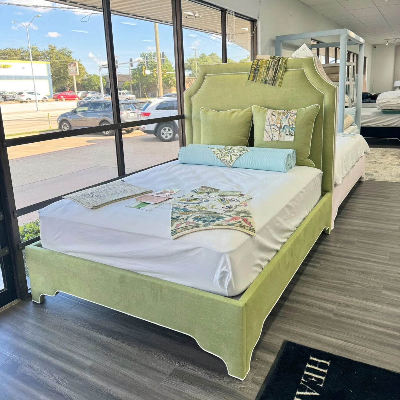 65" H Queen Upholstered Platform Bed - Scalloped Legs - Pistachio Green Woven Fabric with White Trim