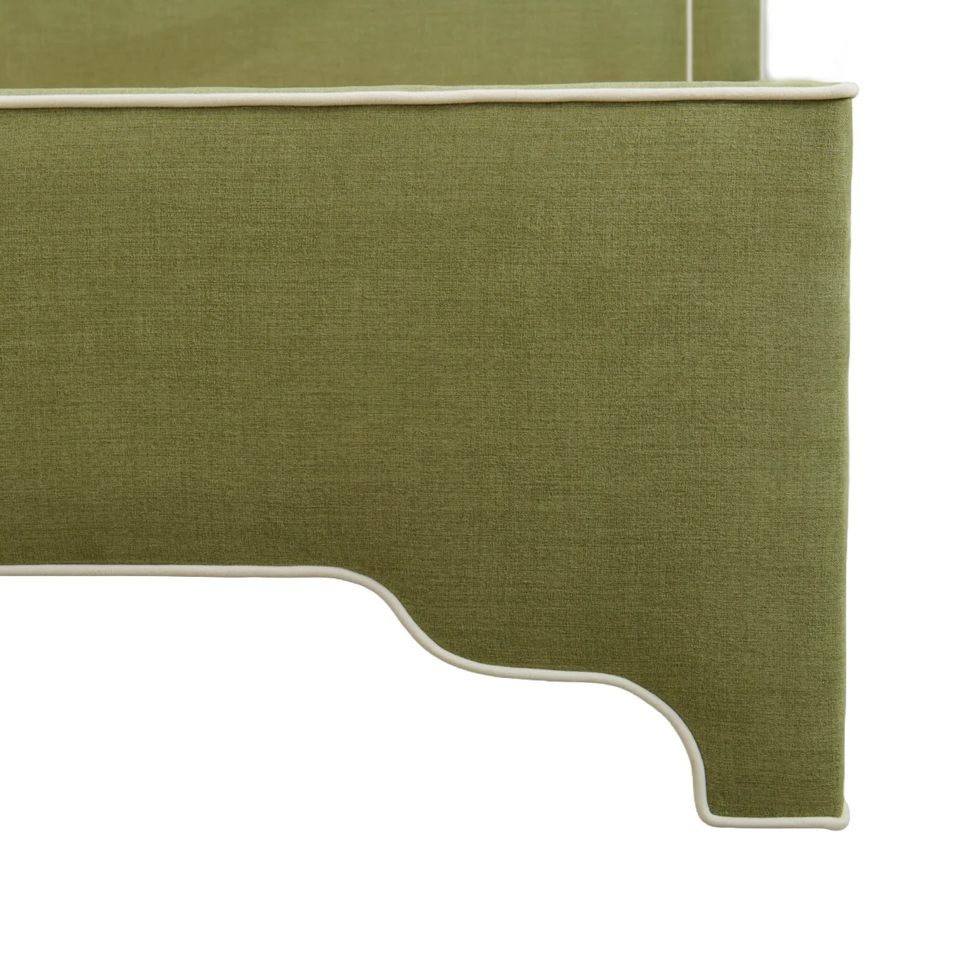 65”H King Upholstered Platform Bed - Scalloped Legs - Pistachio Green Woven Fabric with White Trim - Image 7