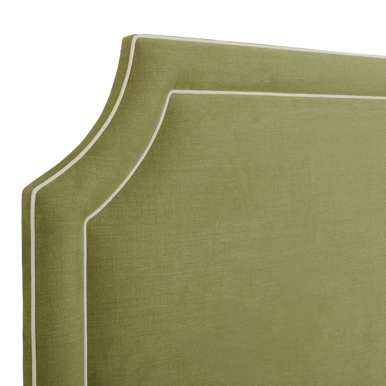 65”H King Upholstered Platform Bed - Scalloped Legs - Pistachio Green Woven Fabric with White Trim - Image 6