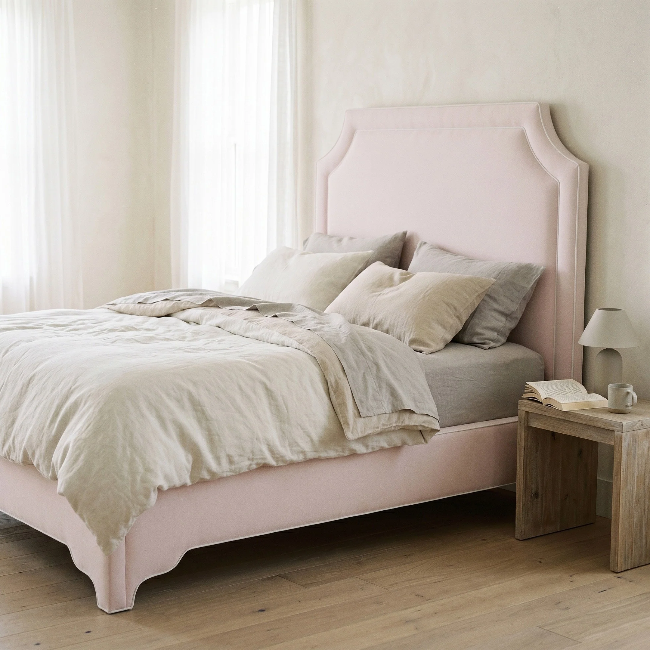 65” H Queen Upholstered Platform Bed - Scalloped Legs - Powder Pink Woven Fabric with White Trim - Image 2