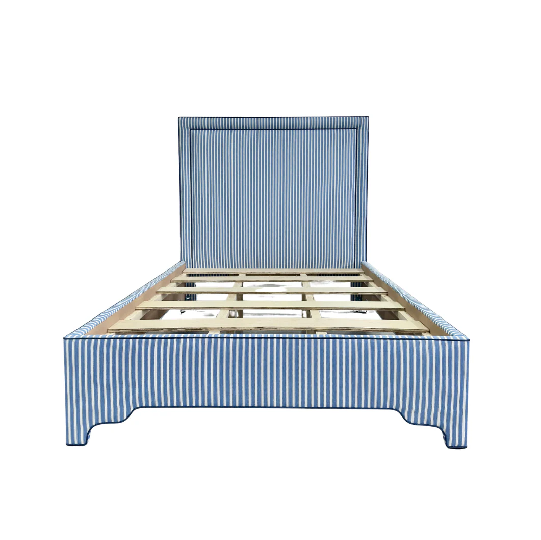 65”H Queen Upholstered Platform Bed - Schumacher Striped Fabric - Navy Trim