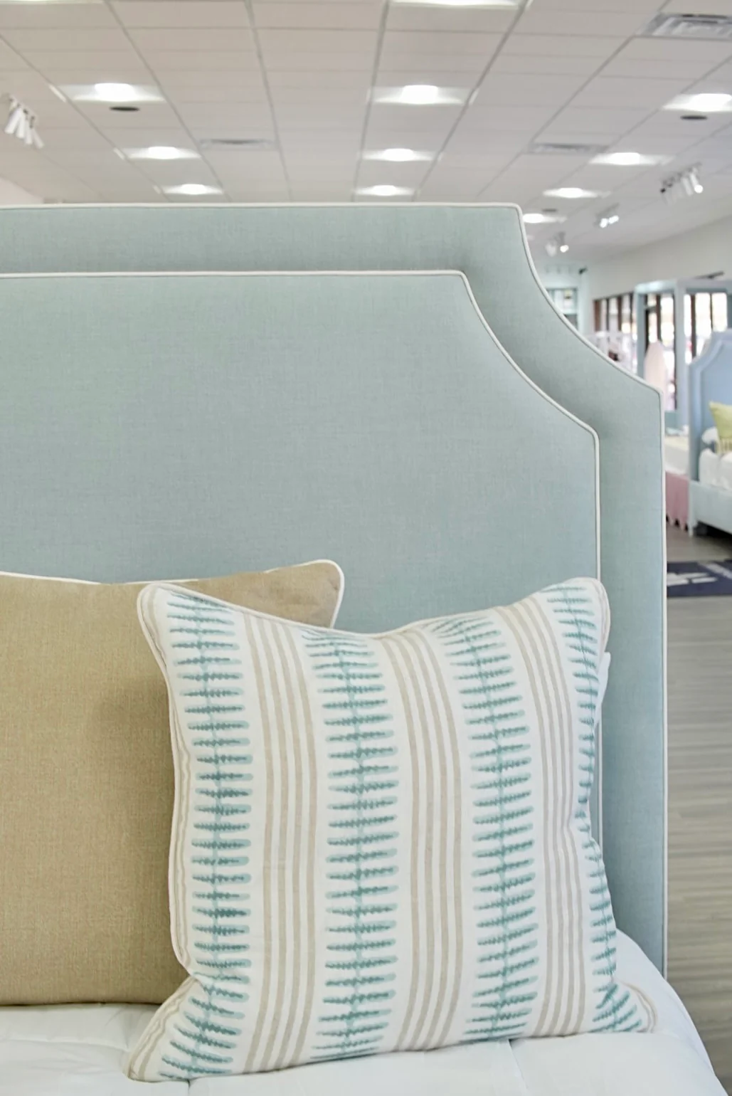 65”H Queen Upholstered Platform Bed - Seafoam Green Woven - White Trim - Image 2