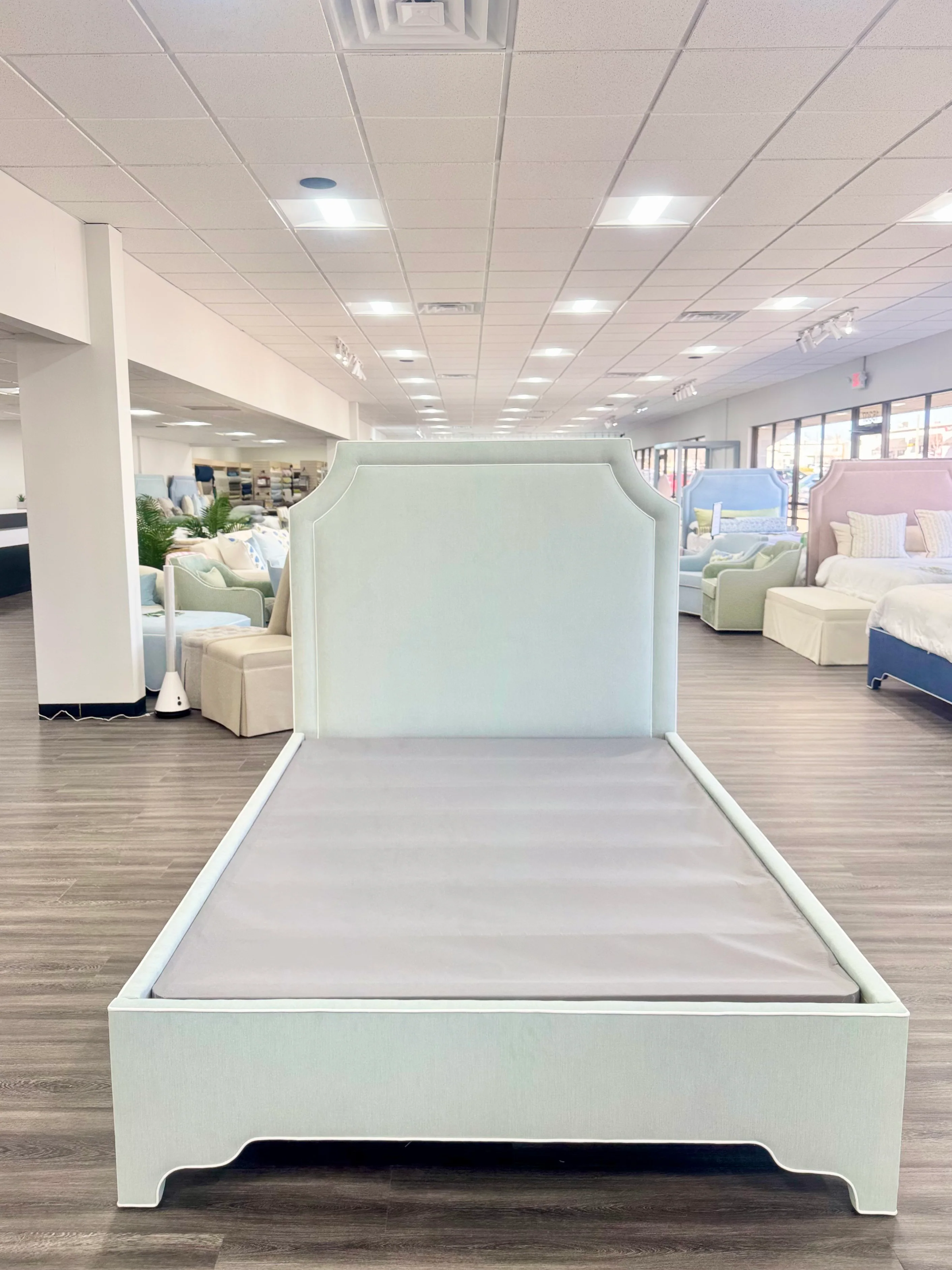 65”H Queen Upholstered Platform Bed - Seafoam Green Woven - White Trim - Image 5