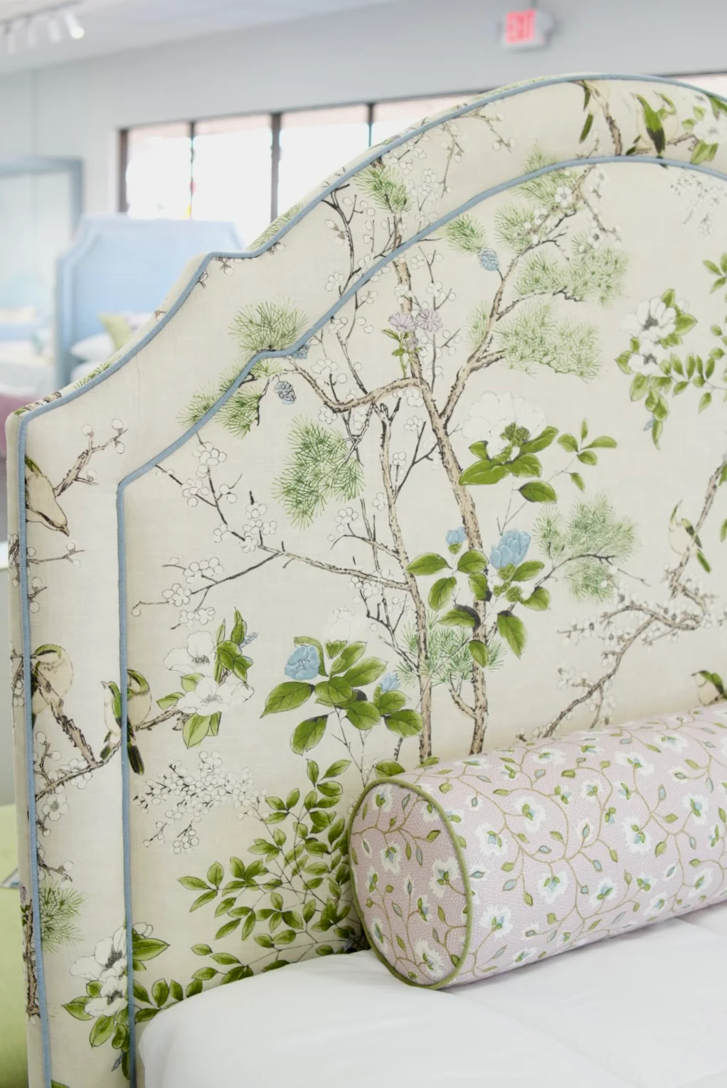 65" H Queen Upholstered Platform Bed - Thibaut Fabric – Cream & Lavender - Scalloped Upholstered Legs - Image 12