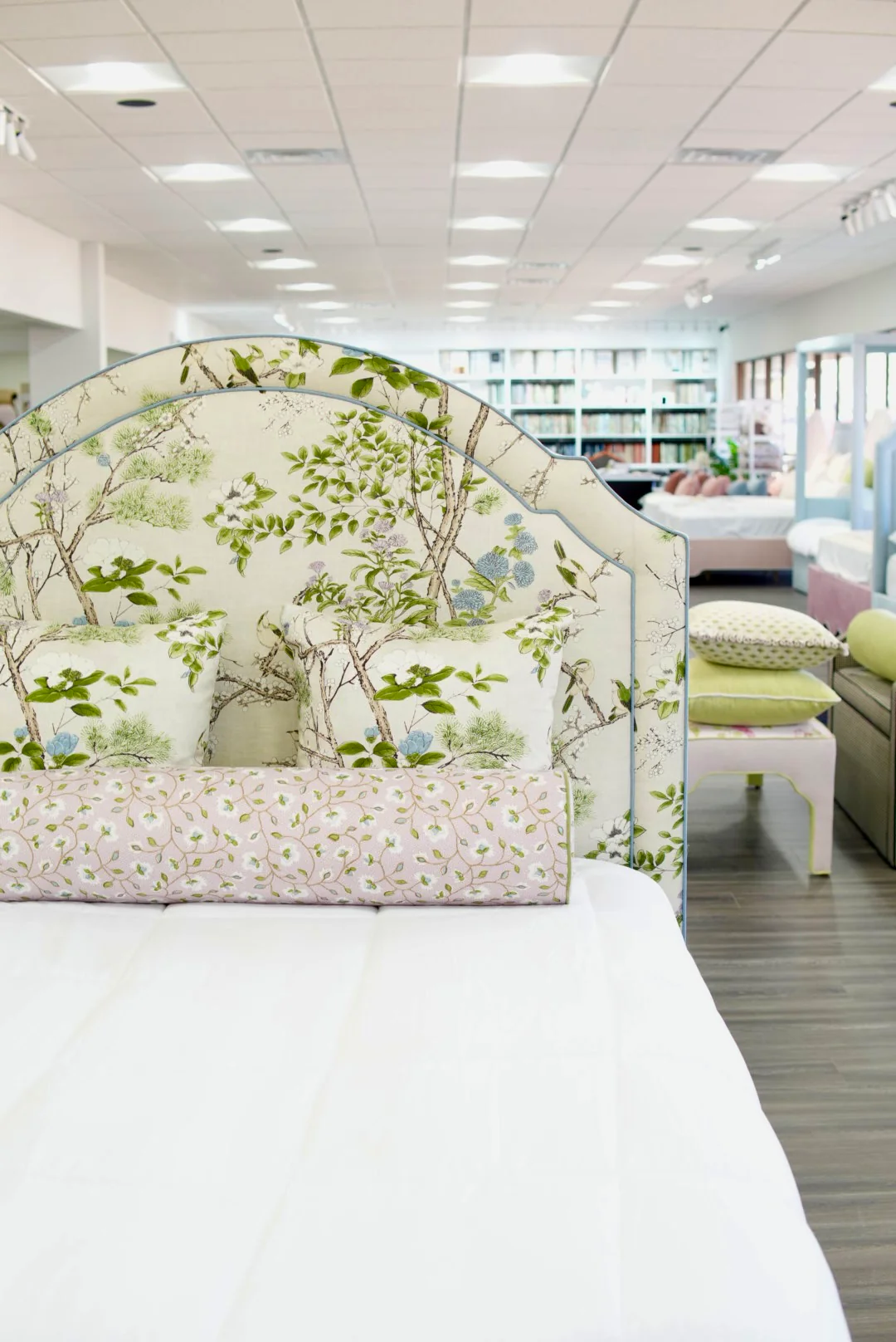 65" H Queen Upholstered Platform Bed - Thibaut Fabric – Cream & Lavender - Scalloped Upholstered Legs - Image 13