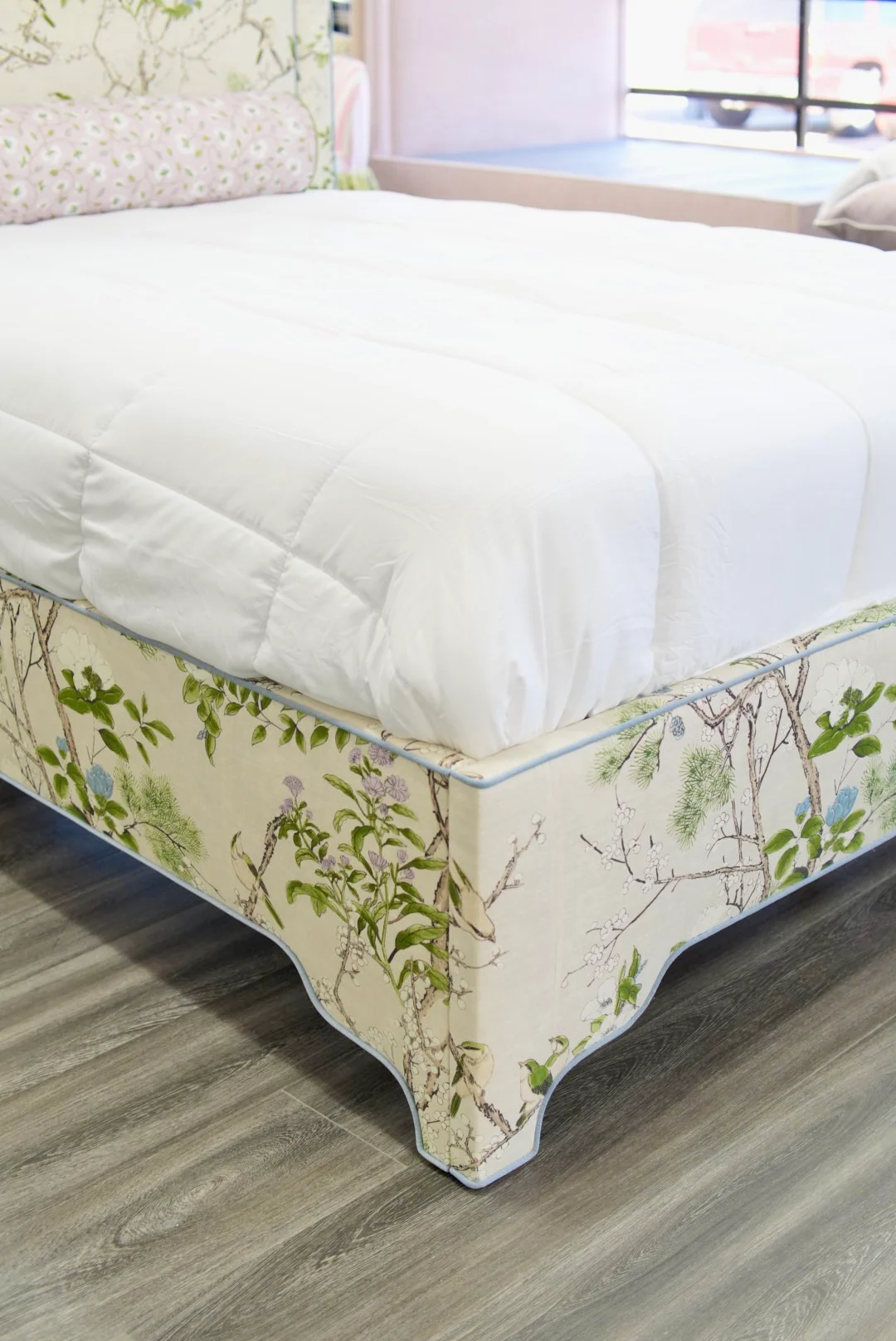 65" H Queen Upholstered Platform Bed - Thibaut Fabric – Cream & Lavender - Scalloped Upholstered Legs - Image 8