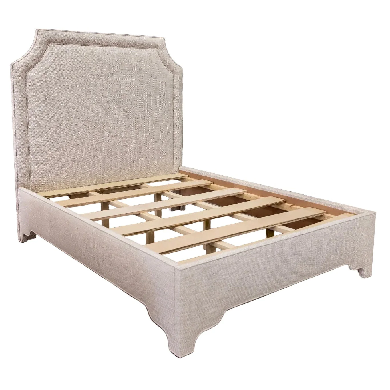 65”H Queen Upholstered Platform Bed - Scalloped Legs - Performance Neutral Fabric - Self Welted