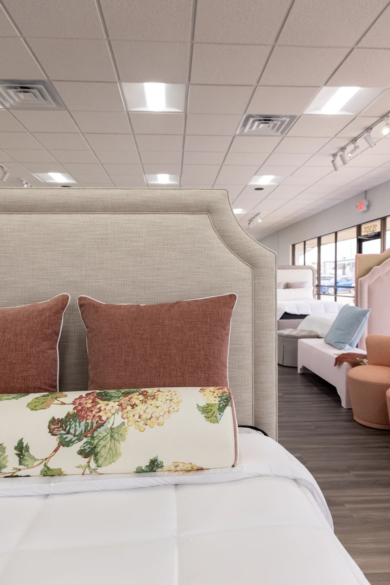65”H Queen Upholstered Platform Bed - Scalloped Legs - Performance Neutral Fabric - Self Welted - Image 2
