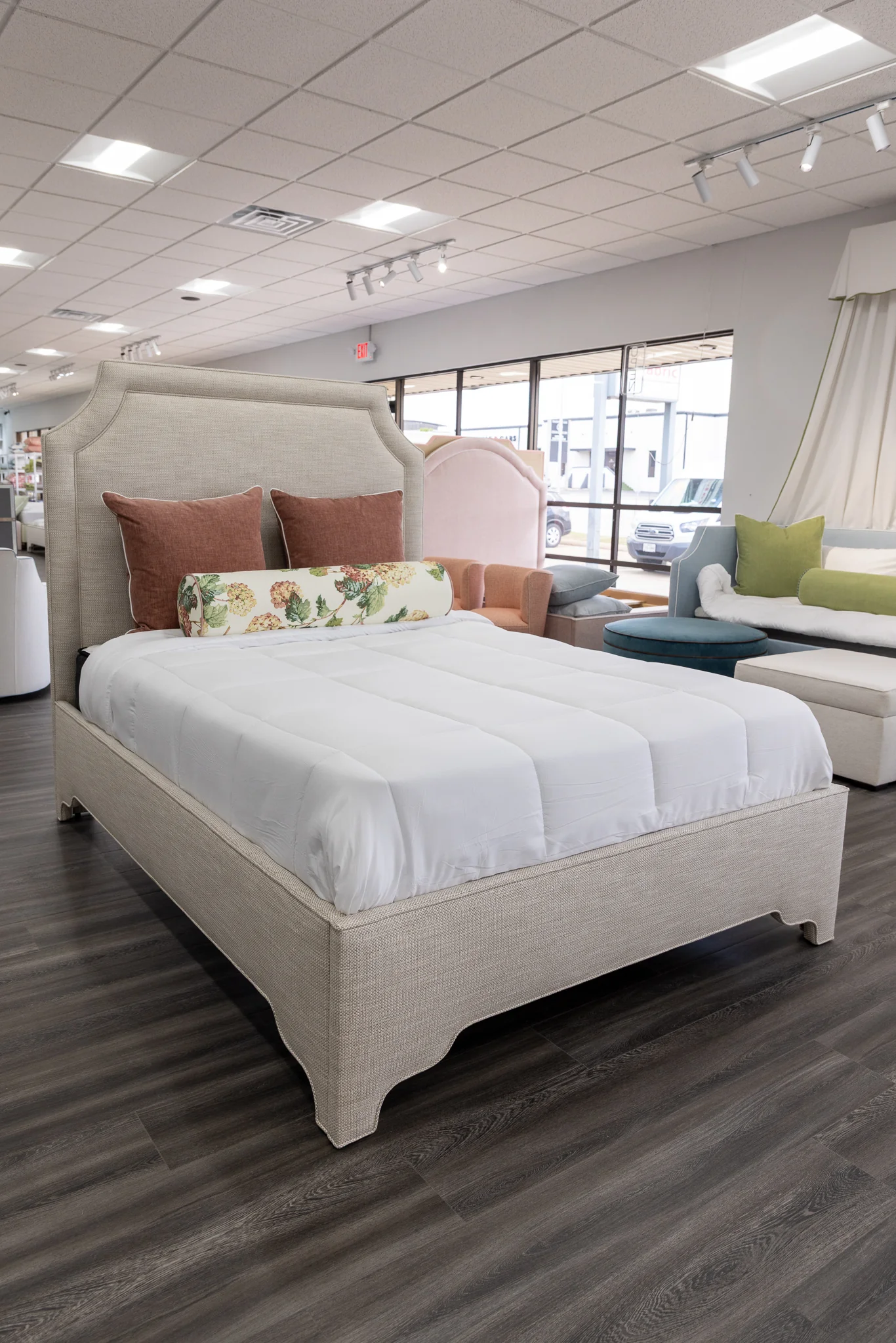 65”H Queen Upholstered Platform Bed - Scalloped Legs - Performance Neutral Fabric - Self Welted - Image 3