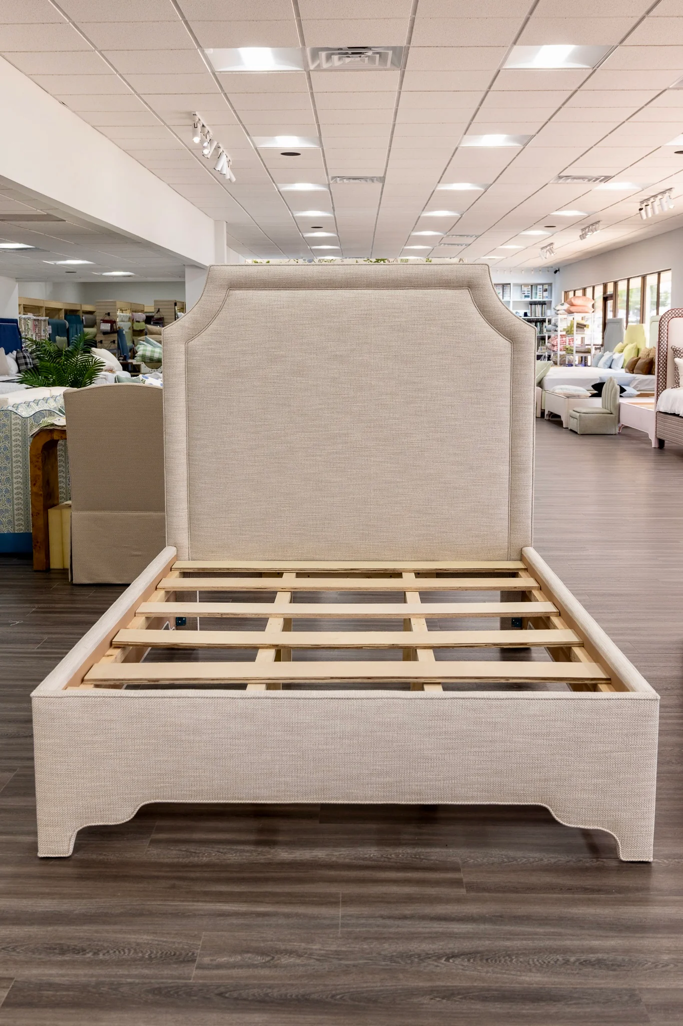 65”H Queen Upholstered Platform Bed - Scalloped Legs - Performance Neutral Fabric - Self Welted - Image 4