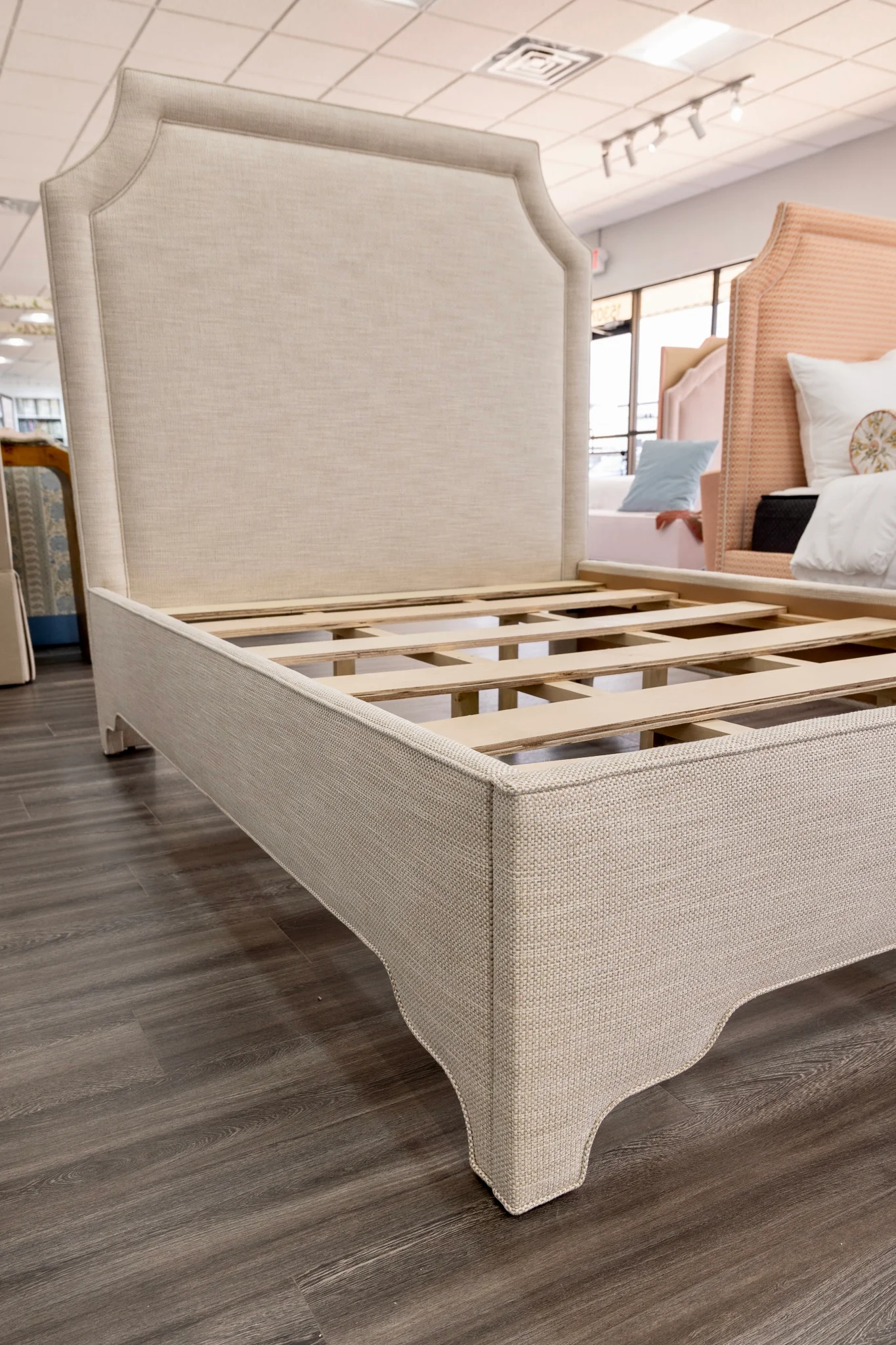 65”H Queen Upholstered Platform Bed - Scalloped Legs - Performance Neutral Fabric - Self Welted - Image 5