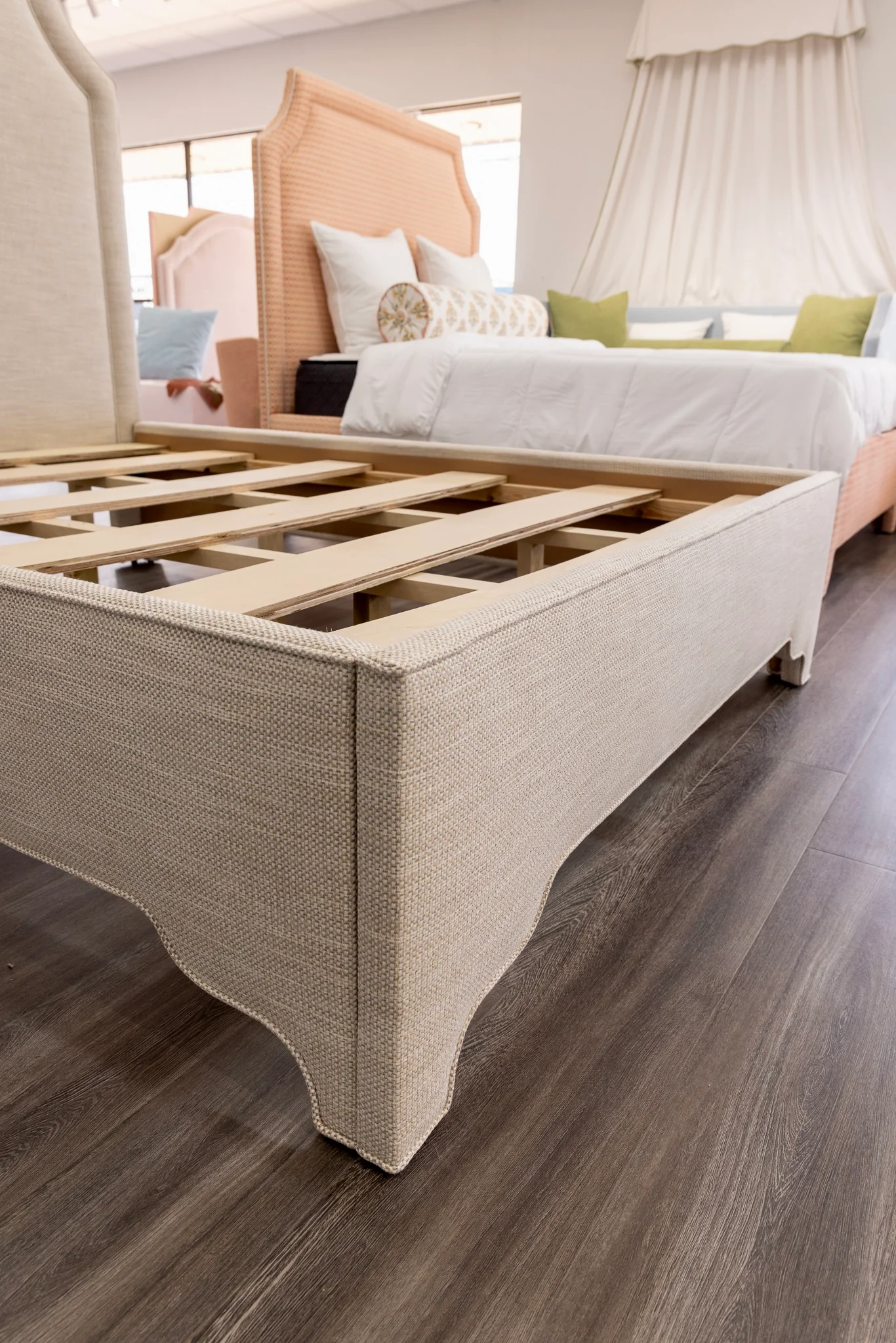 65”H Queen Upholstered Platform Bed - Scalloped Legs - Performance Neutral Fabric - Self Welted - Image 6