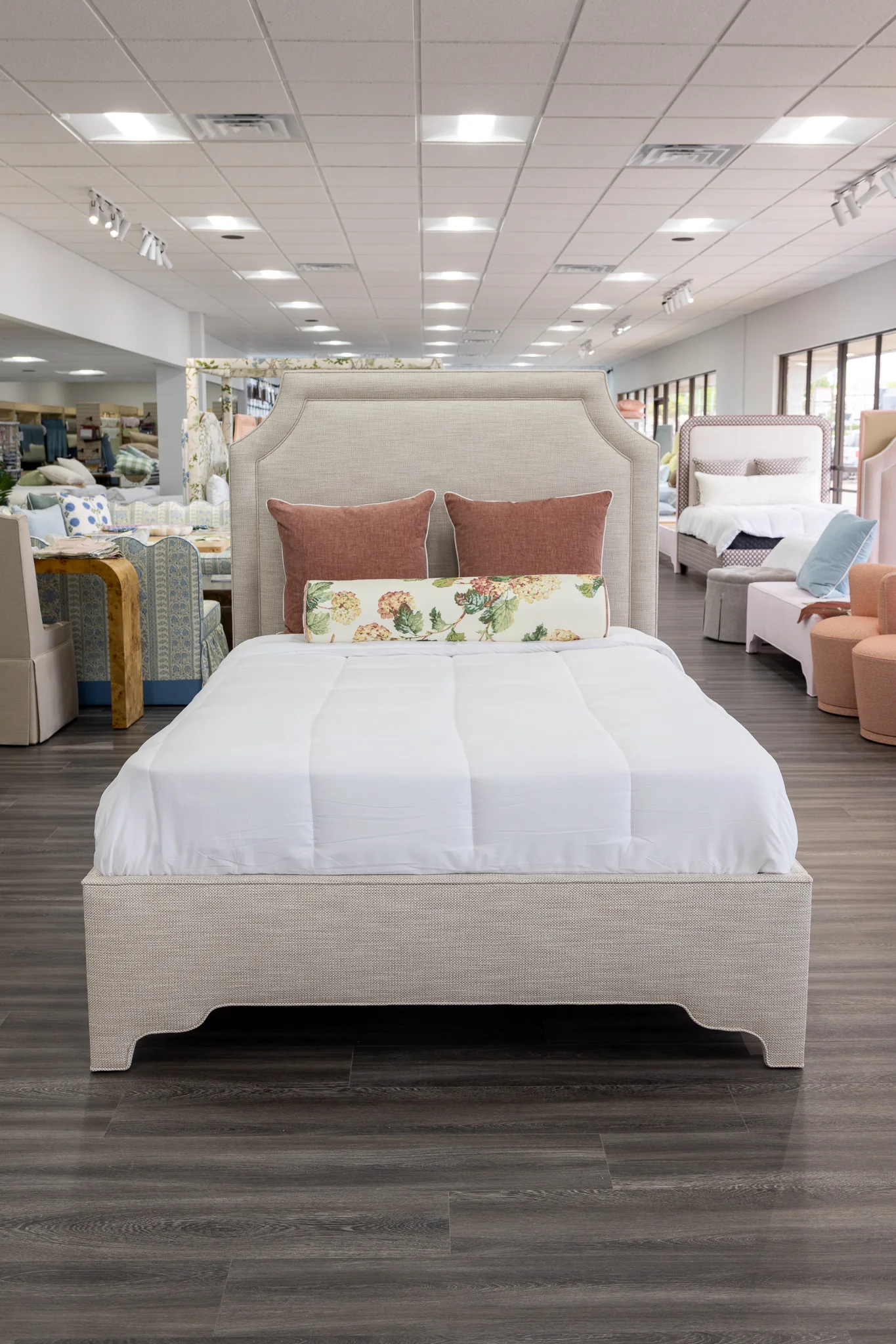 65”H Queen Upholstered Platform Bed - Scalloped Legs - Performance Neutral Fabric - Self Welted - Image 7