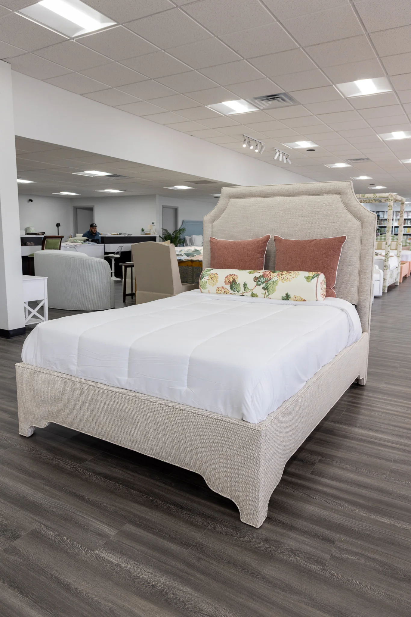 65”H Queen Upholstered Platform Bed - Scalloped Legs - Performance Neutral Fabric - Self Welted - Image 8