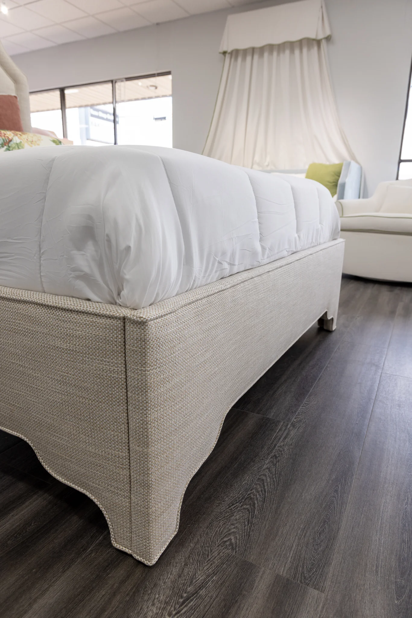 65”H Queen Upholstered Platform Bed - Scalloped Legs - Performance Neutral Fabric - Self Welted - Image 9