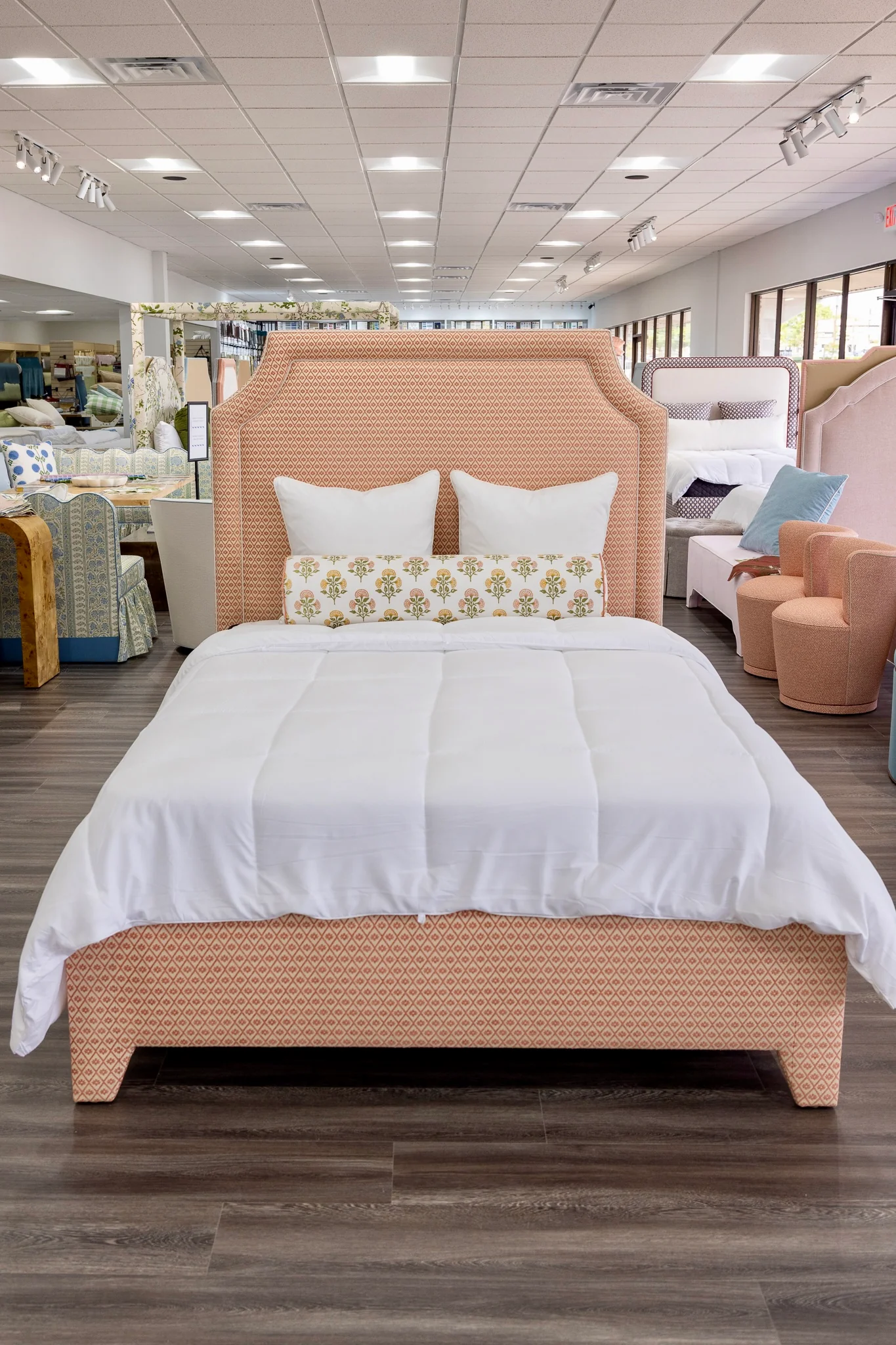 65”H Queen Upholstered Platform Bed - Upholstered Legs - Rust Fabric with White Trim - Image 2