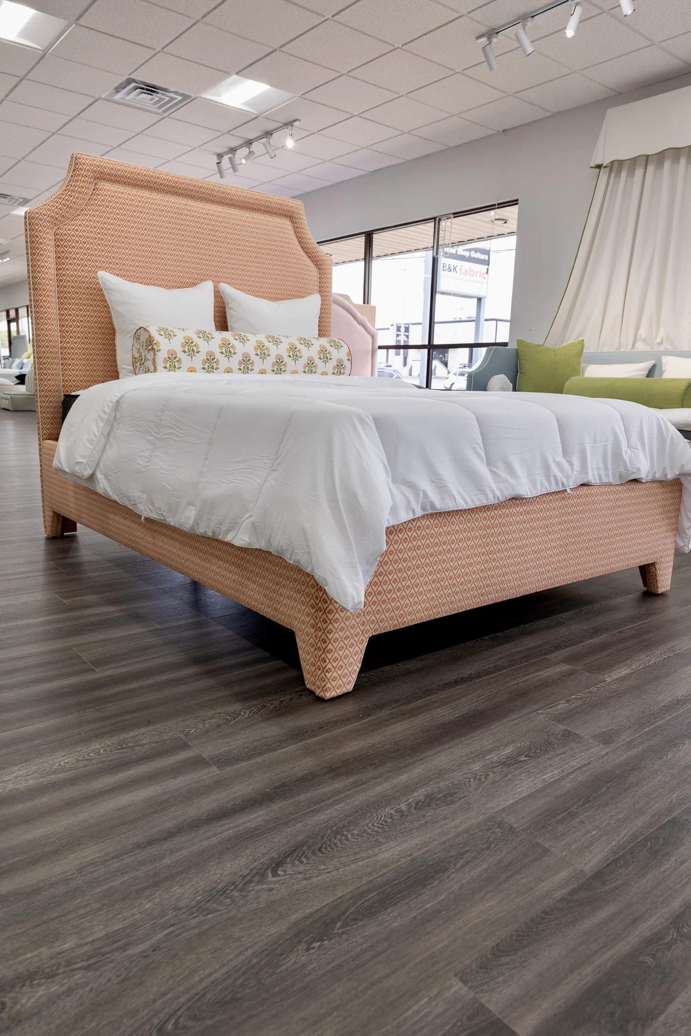65”H Queen Upholstered Platform Bed - Upholstered Legs - Rust Fabric with White Trim - Image 5