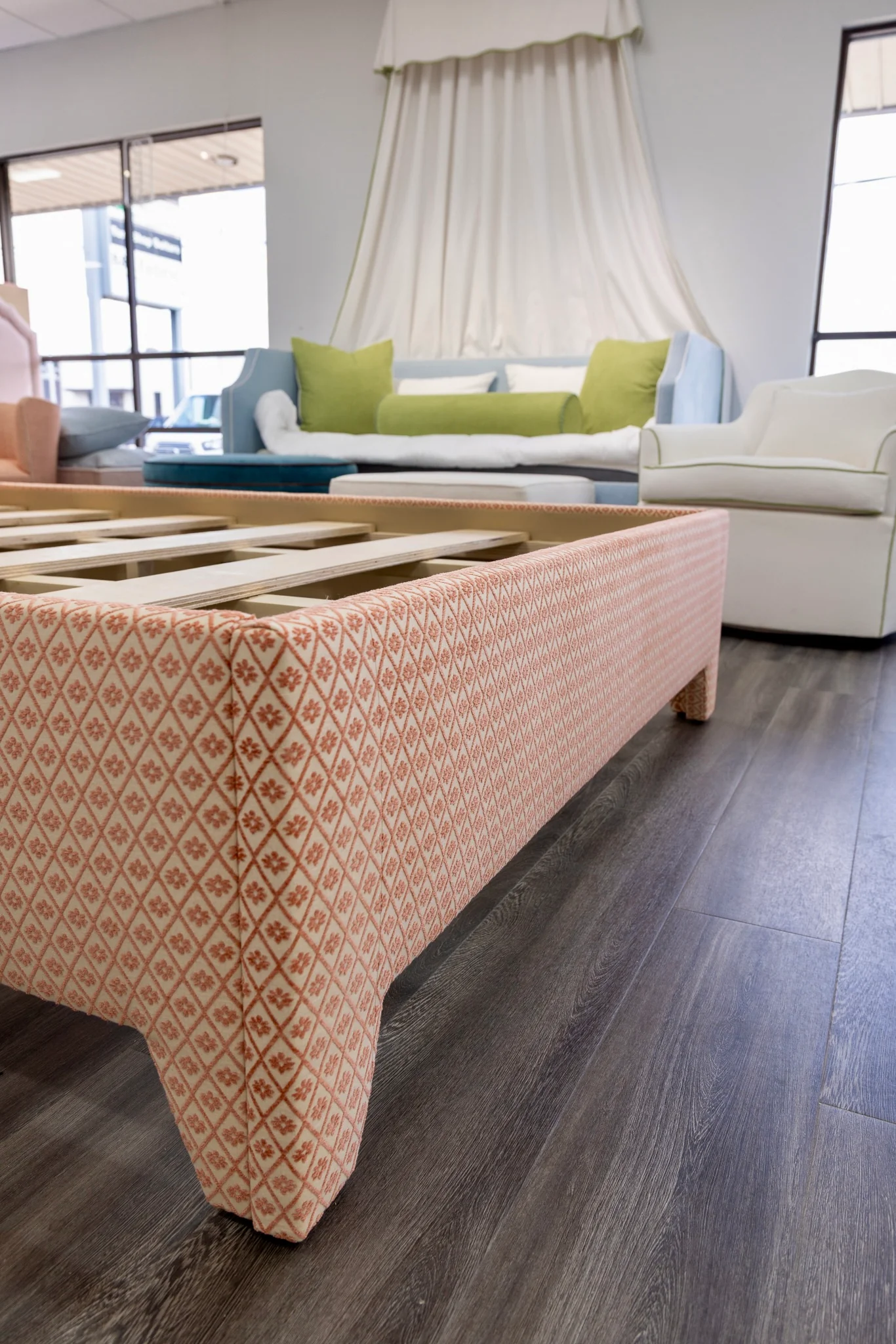 65”H Queen Upholstered Platform Bed - Upholstered Legs - Rust Fabric with White Trim - Image 6