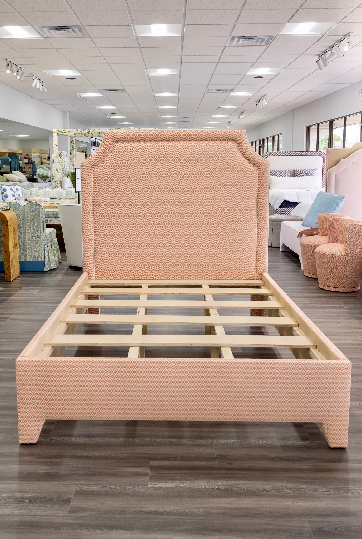 65”H Queen Upholstered Platform Bed - Upholstered Legs - Rust Fabric with White Trim - Image 8