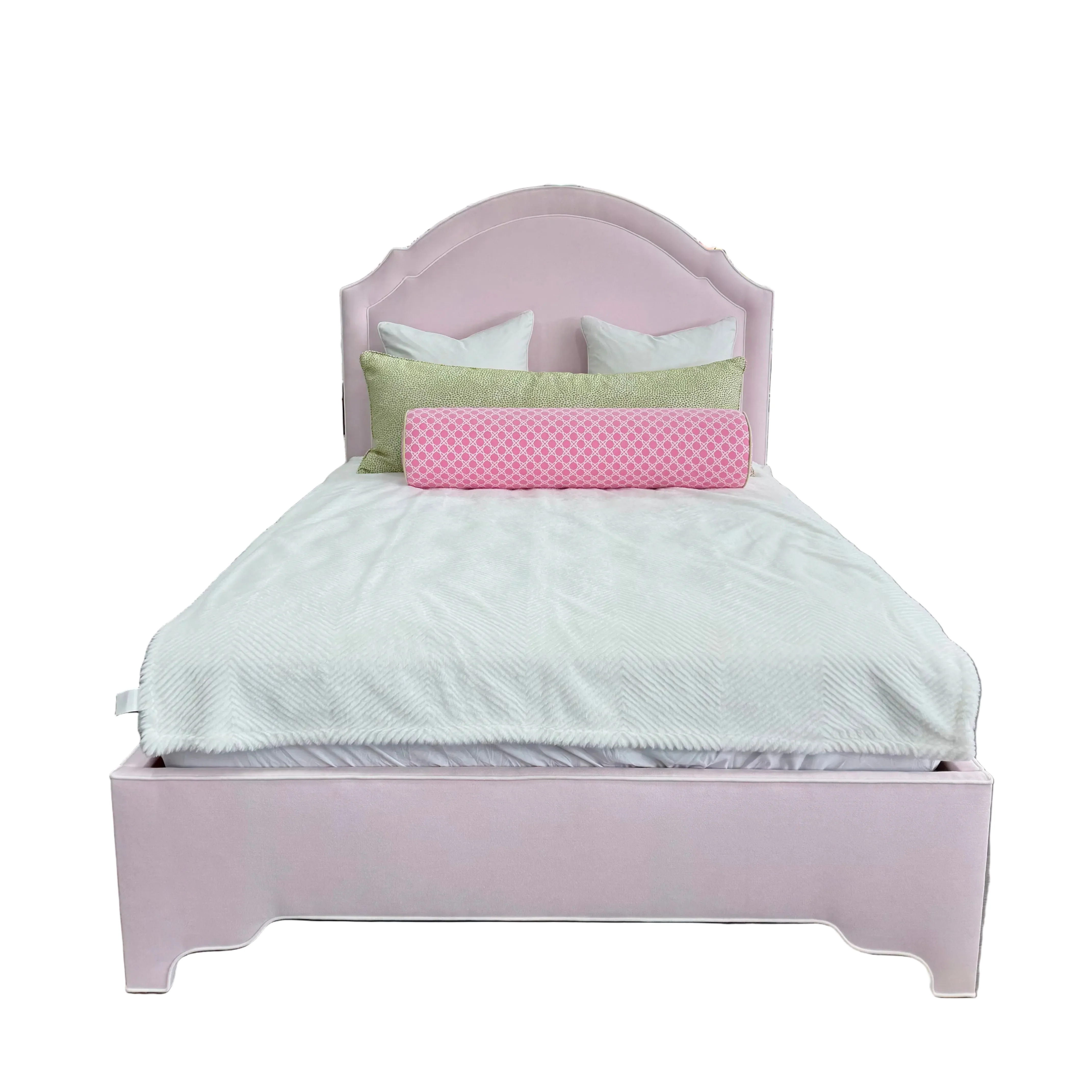 65”H Queen Upholstered Platform Bed - Scalloped Legs - Powder Pink Woven Fabric with White Pink