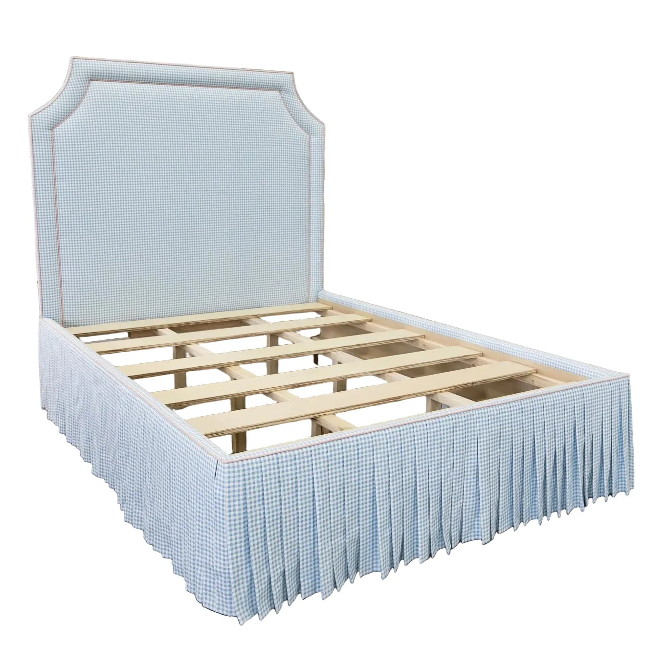 65" H Skirted Platform Base Queen Bed - Blue Gingham Fabric - Blush Pink Trim