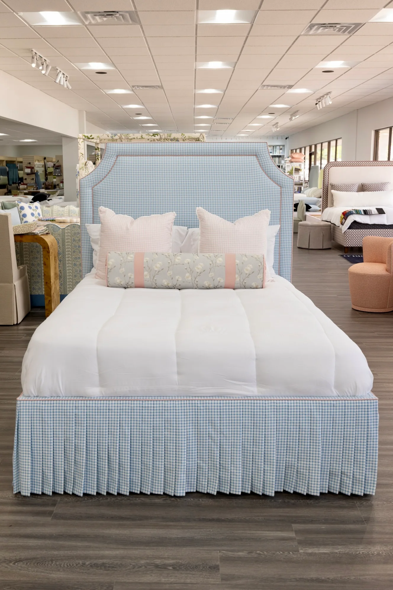 65" H Skirted Platform Base Queen Bed - Blue Gingham Fabric - Blush Pink Trim - Image 5