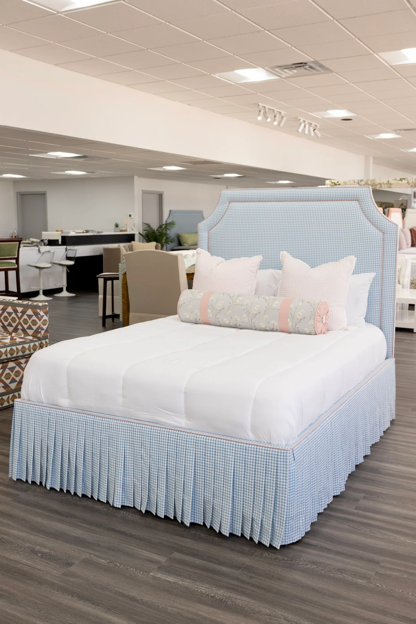 65" H Skirted Platform Base Queen Bed - Blue Gingham Fabric - Blush Pink Trim - Image 6