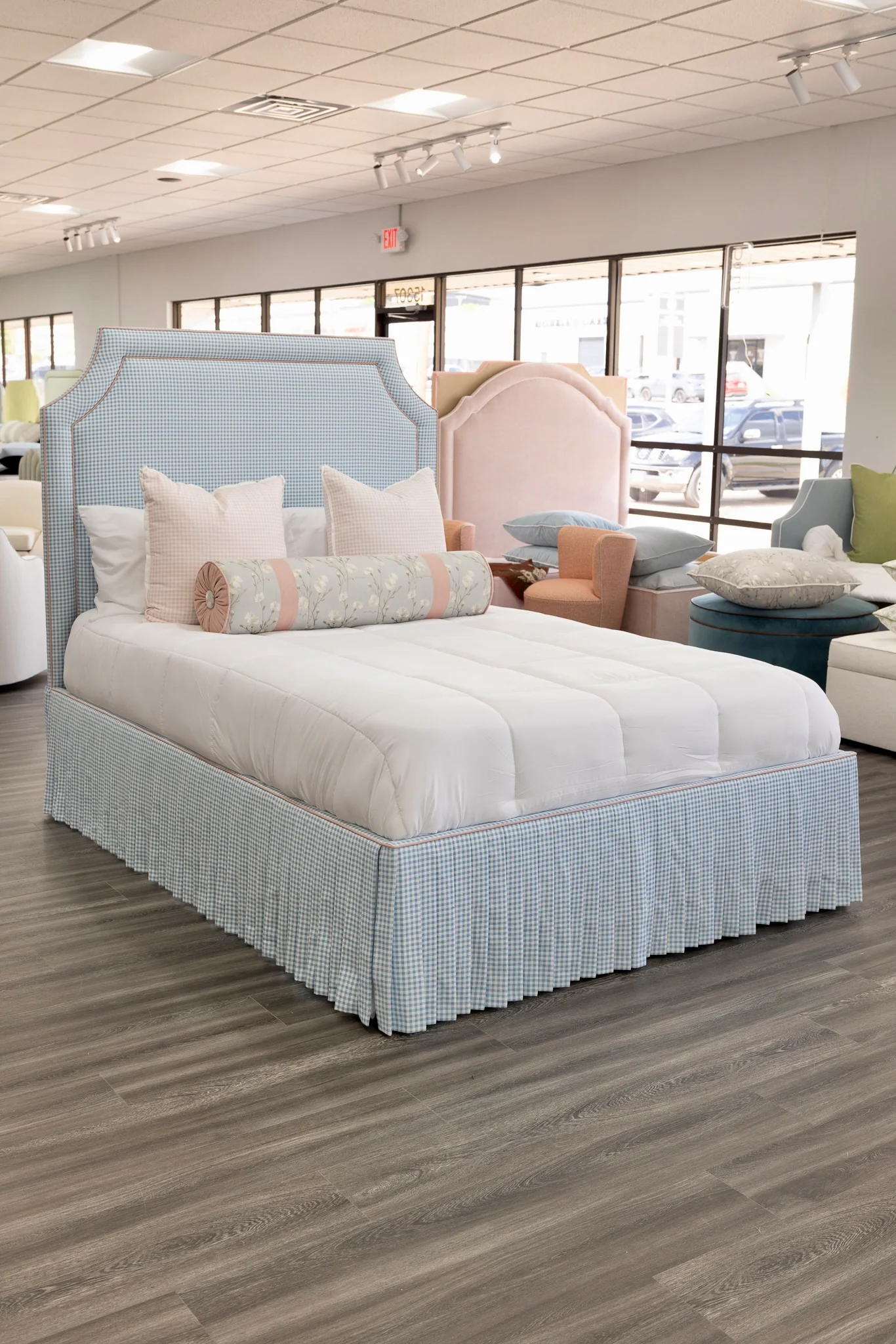 65" H Skirted Platform Base Queen Bed - Blue Gingham Fabric - Blush Pink Trim - Image 7
