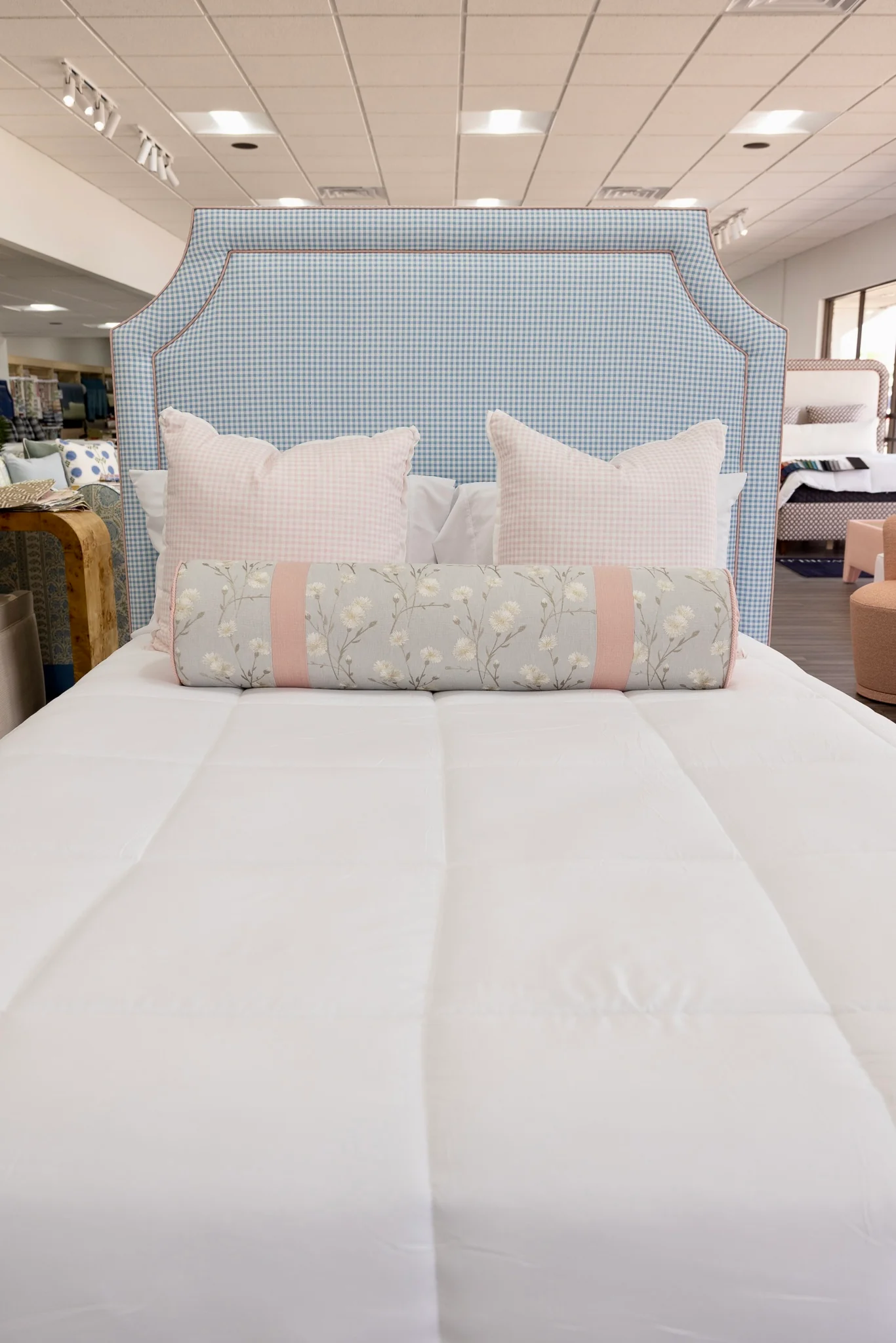 65" H Skirted Platform Base Queen Bed - Blue Gingham Fabric - Blush Pink Trim - Image 8