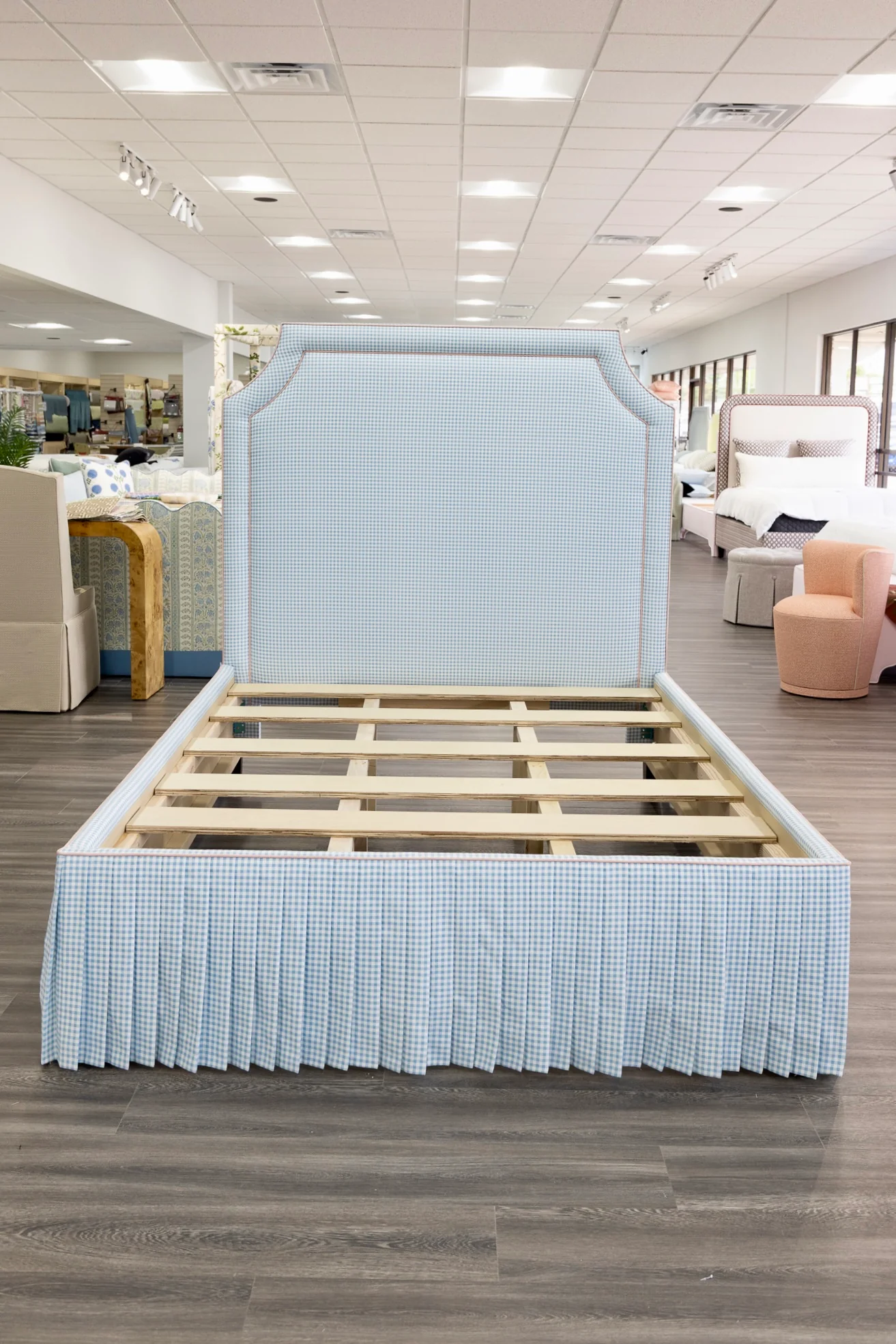 65" H Skirted Platform Base Queen Bed - Blue Gingham Fabric - Blush Pink Trim - Image 9