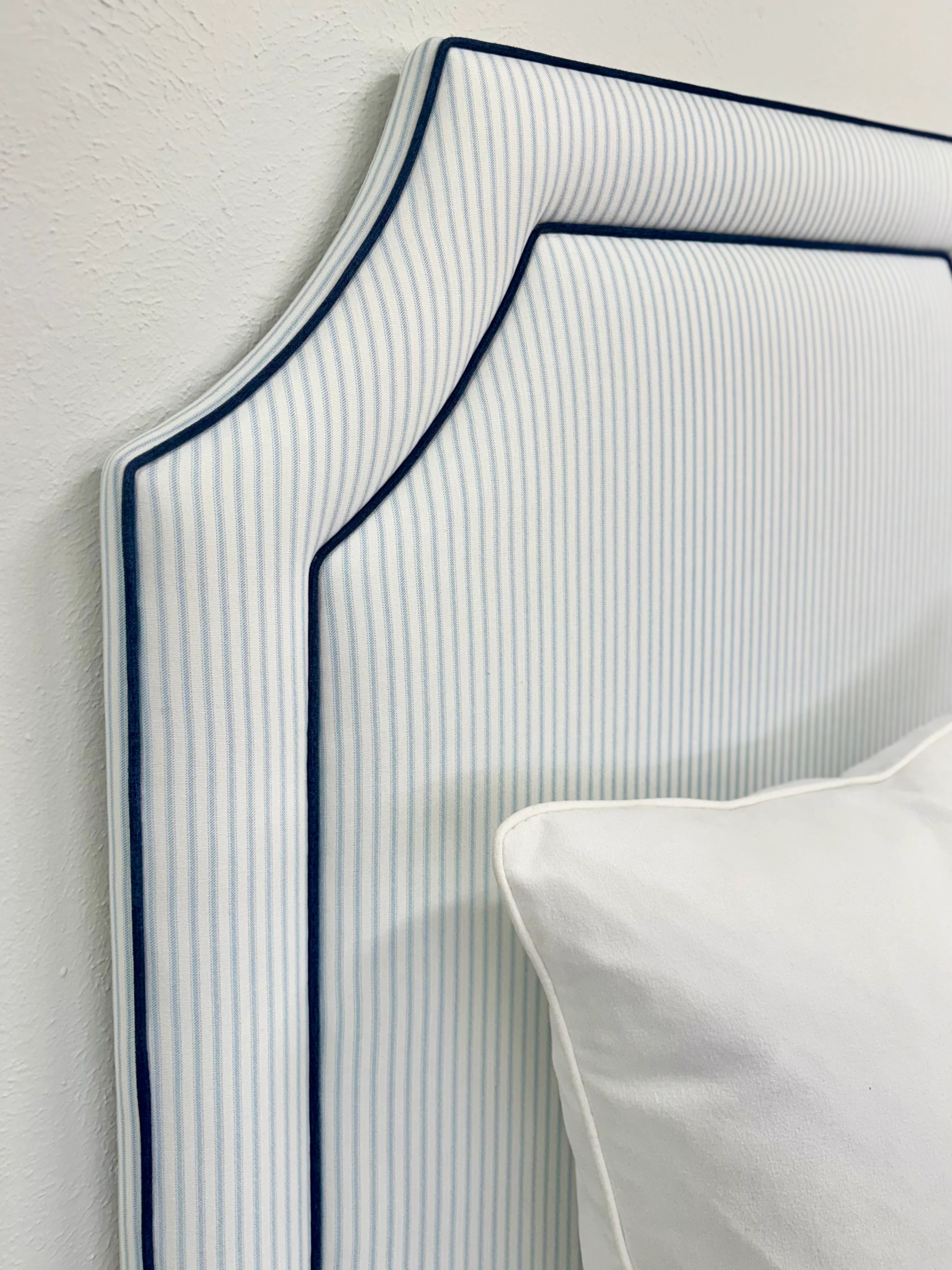 65"H Twin Headboard in Classic Blue Ticking Stripe Fabric - Navy Trim - Image 2