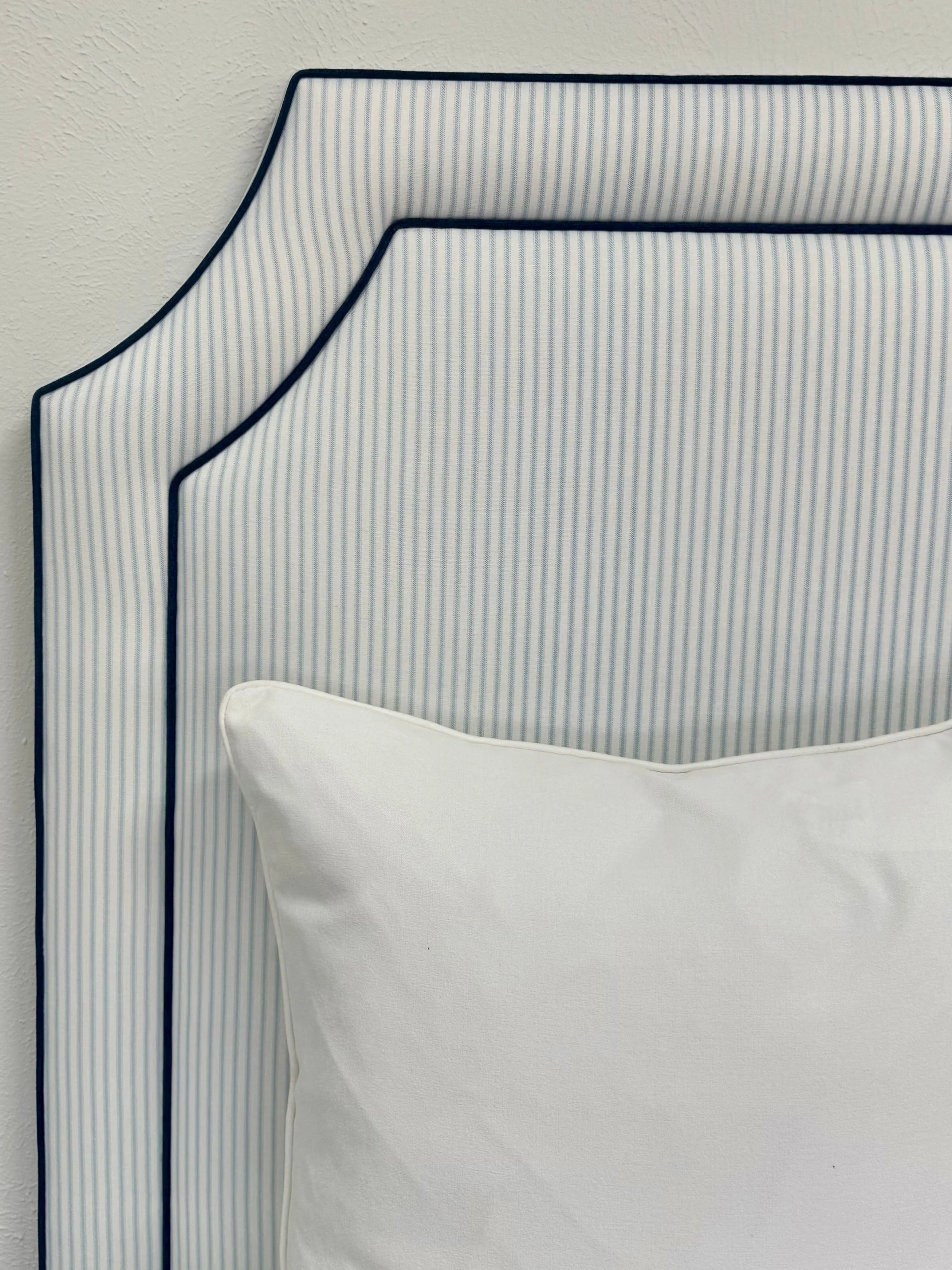 65"H Twin Headboard in Classic Blue Ticking Stripe Fabric - Navy Trim - Image 5