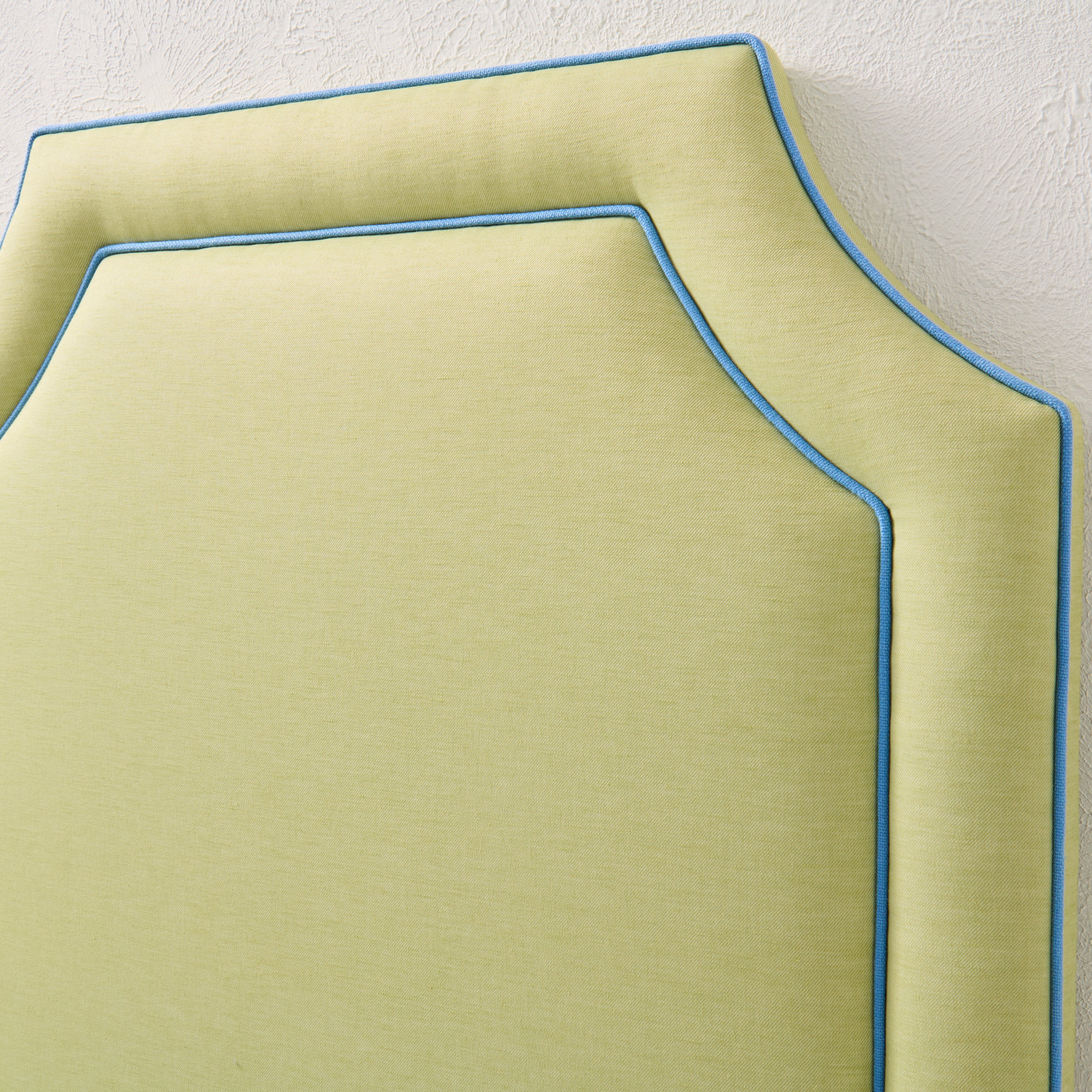 65”H Twin Headboard only - Lime Green Linen Fabric with Blue Trim - Image 2