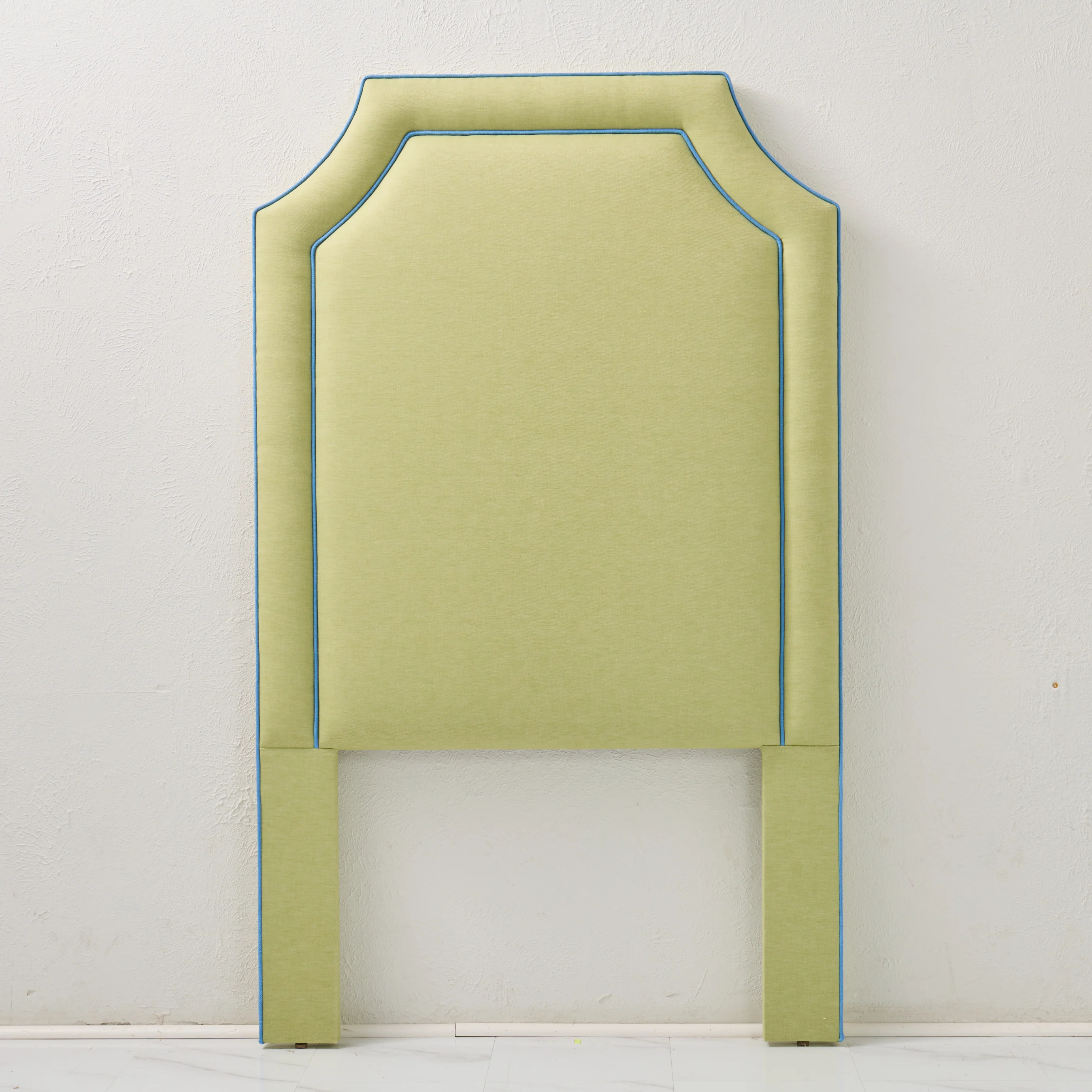 65”H Twin Headboard only - Lime Green Linen Fabric with Blue Trim - Image 4